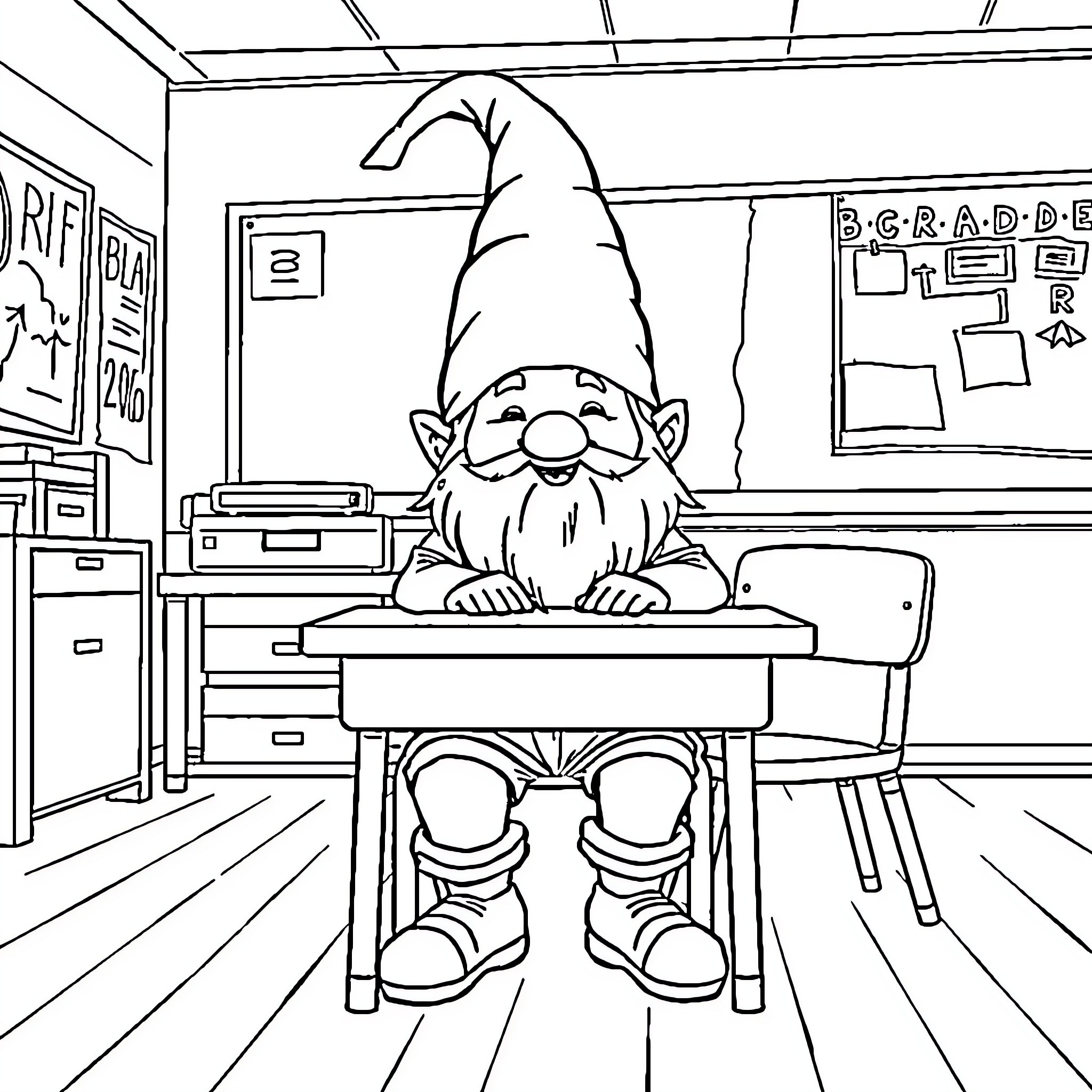 Gnome studying diligently in the classroom Coloring Page (free black-and-white line drawing printable PDF for all, from beginners to advanced learners, including children, teens, adults, and seniors)