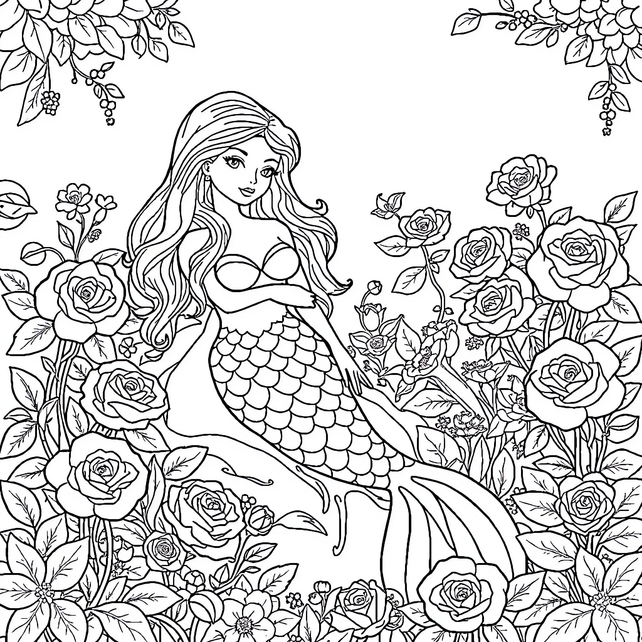Mermaid surrounded by enchanting flowers and marine life Coloring Page (free black-and-white line drawing printable PDF for all, from beginners to advanced learners, including children, teens, adults, and seniors)