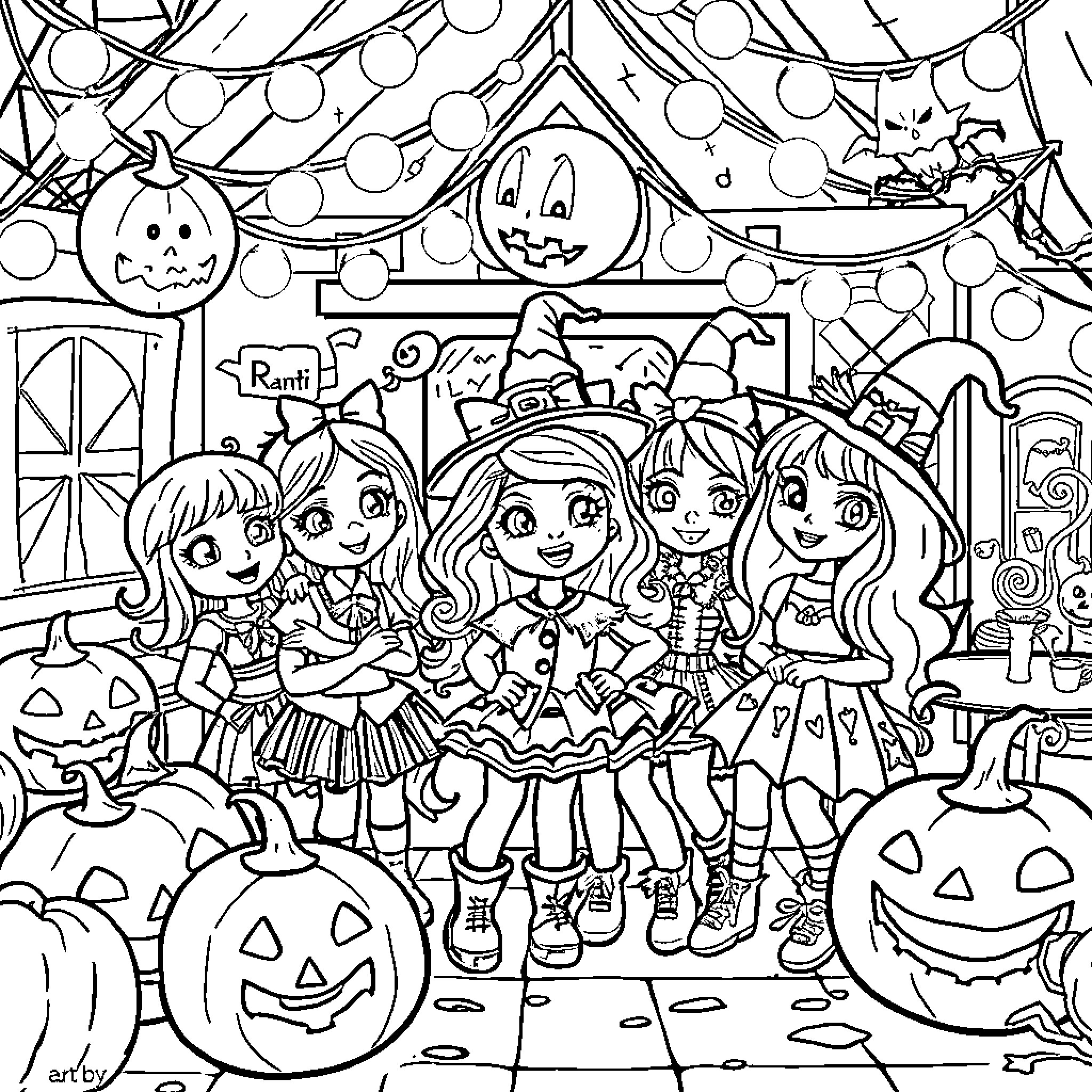 Gabby's Dollhouse: Friends Celebrating Halloween Together Coloring Page (free black-and-white line drawing printable PDF for all, from beginners to advanced learners, including children, teens, adults, and seniors)