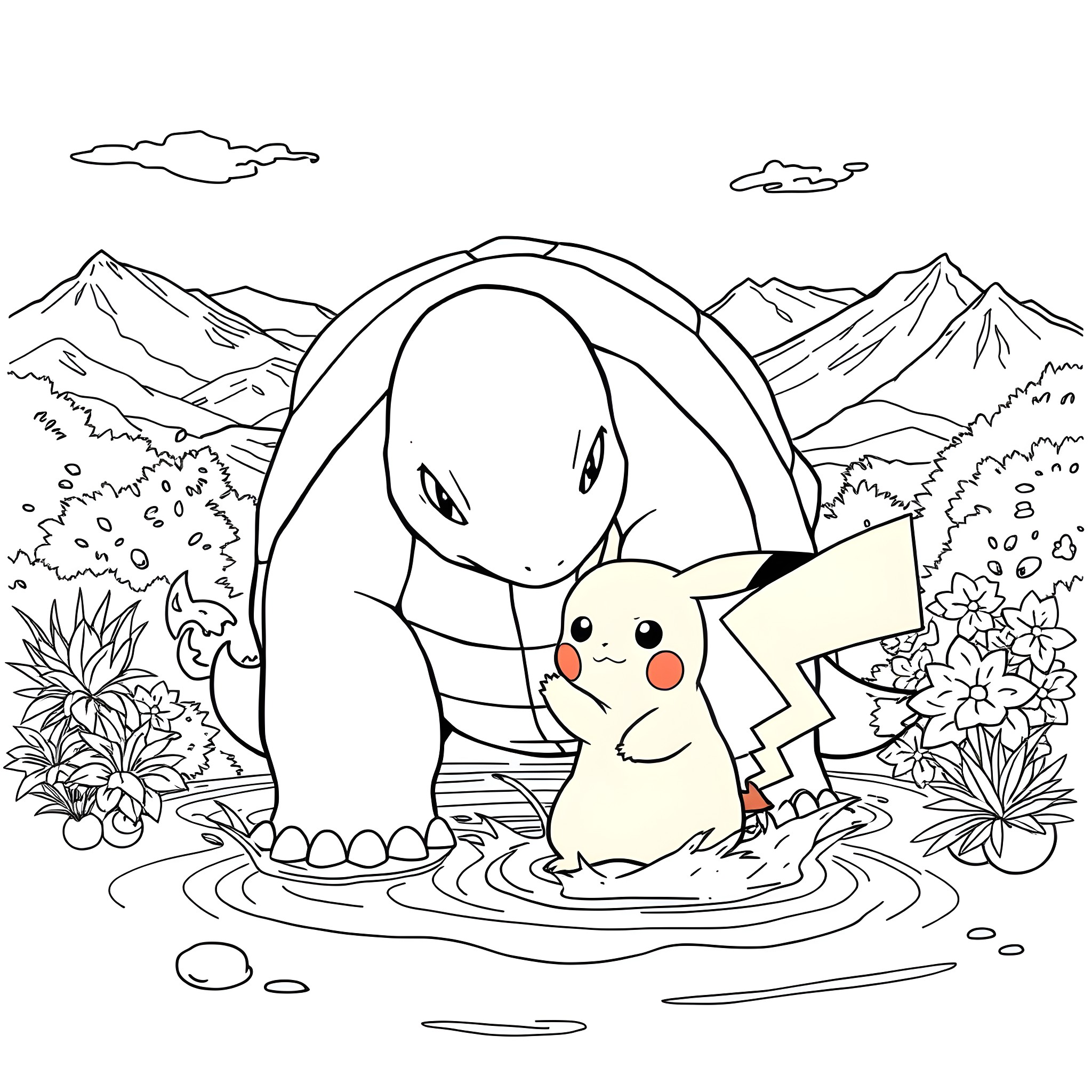 Blastoise and Pikachu enjoying nature adventure Coloring Page (free black-and-white line drawing printable PDF for all, from beginners to advanced learners, including children, teens, adults, and seniors)
