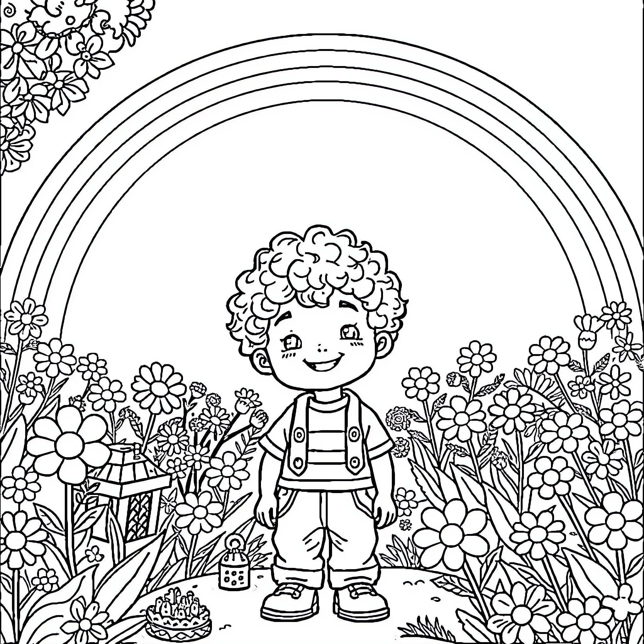Boy in a Flower Garden with a Rainbow Coloring Page (free black-and-white line drawing printable PDF for all, from beginners to advanced learners, including children, teens, adults, and seniors)