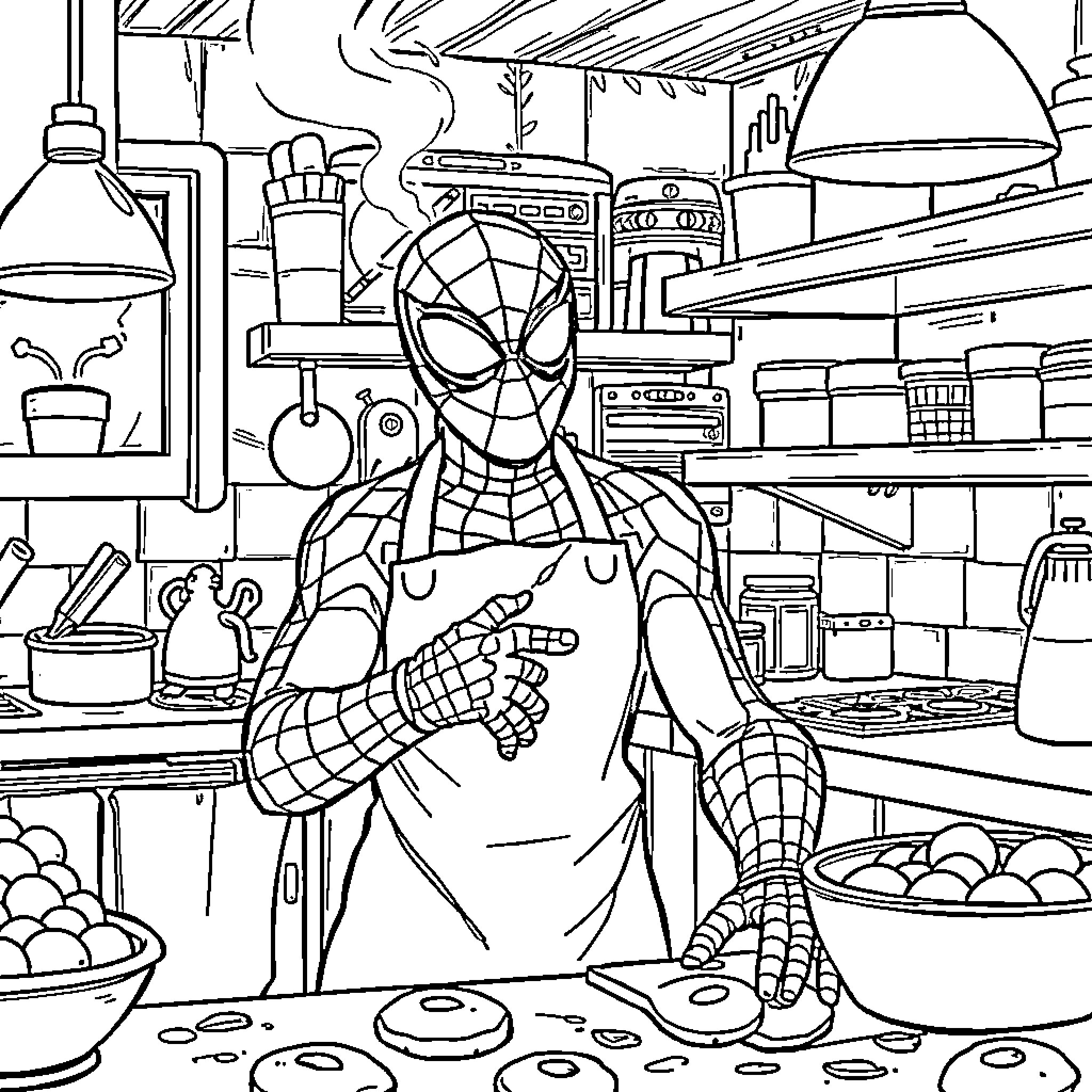 Spiderman preparing food in the kitchen Coloring Page (free black-and-white line drawing printable PDF for all, from beginners to advanced learners, including children, teens, adults, and seniors)