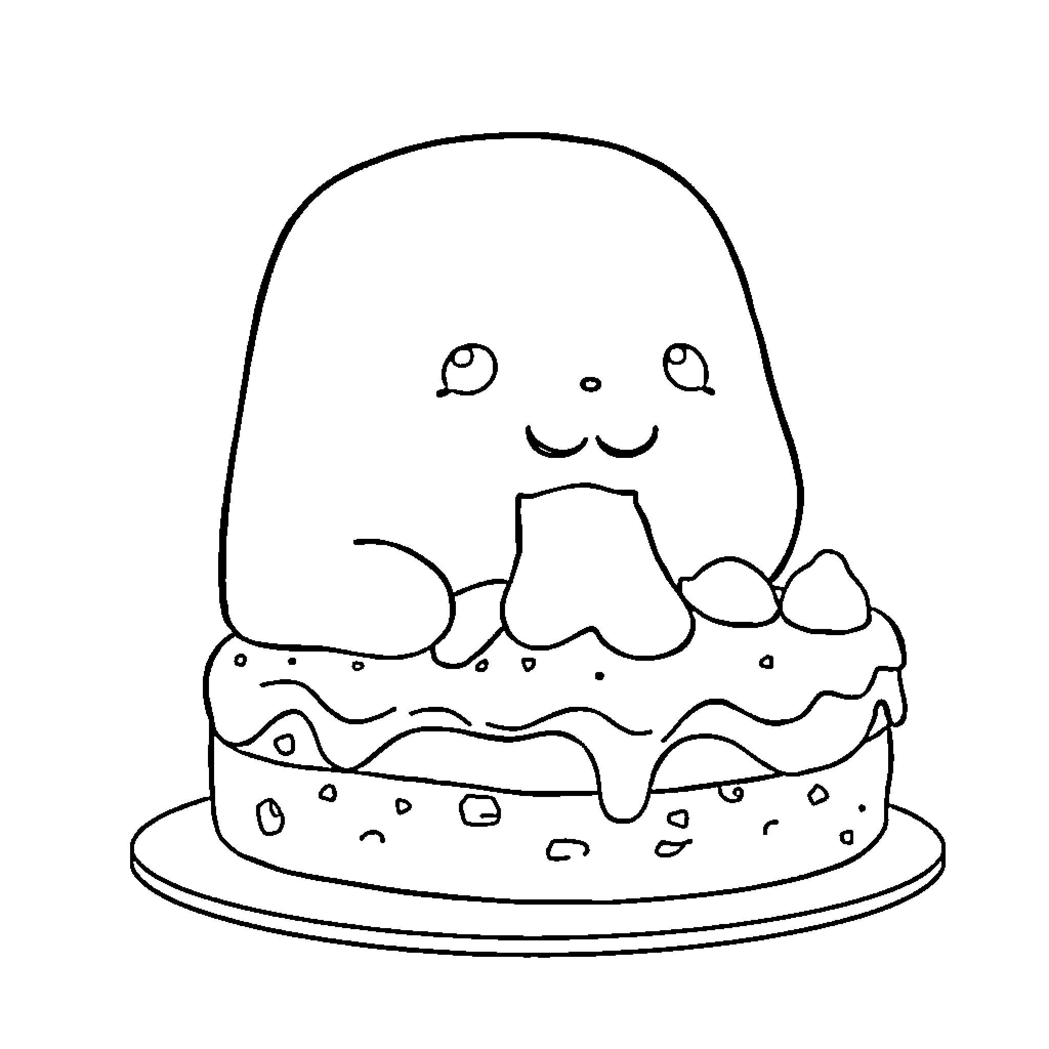 Squishmallow creature sitting on a whimsical cake Coloring Page (free black-and-white line drawing printable PDF for all, from beginners to advanced learners, including children, teens, adults, and seniors)