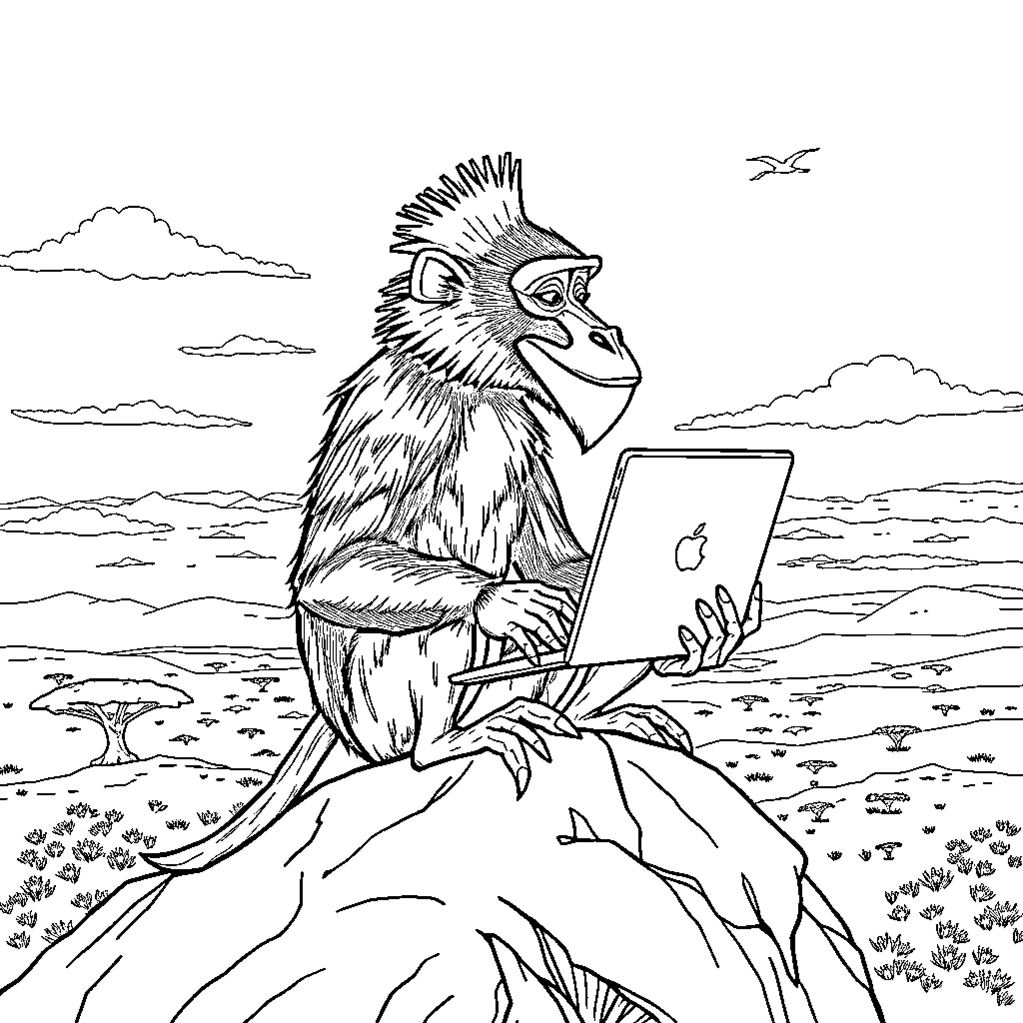 Rafiki the Baboon Relaxing with Laptop on Cliffside Coloring Page (free black-and-white line drawing printable PDF for all, from beginners to advanced learners, including children, teens, adults, and seniors)