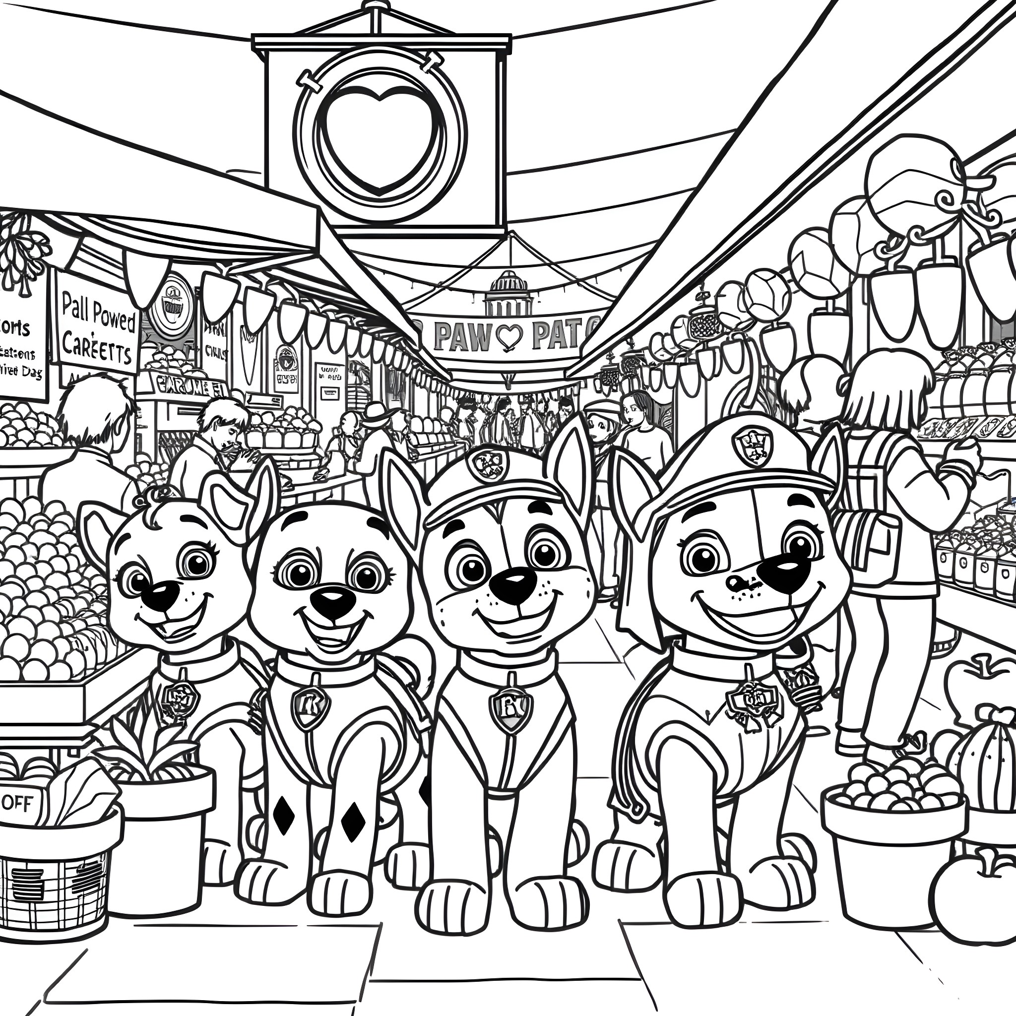 Paw Patrol Puppies Explore the Exciting Carnival Coloring Page (free black-and-white line drawing printable PDF for all, from beginners to advanced learners, including children, teens, adults, and seniors)