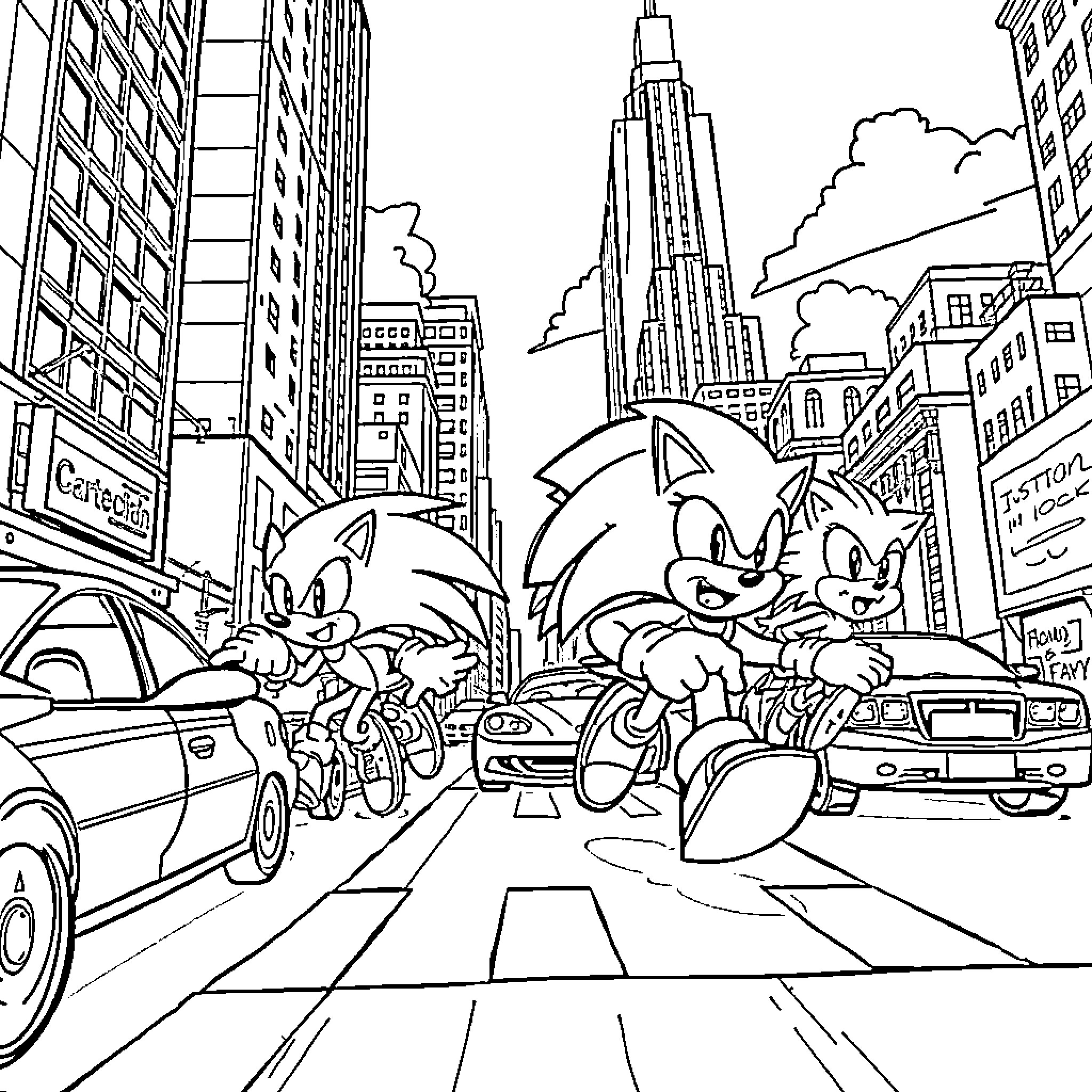 Sonic Characters Exploring Bustling City Cityscape Coloring Page (free black-and-white line drawing printable PDF for all, from beginners to advanced learners, including children, teens, adults, and seniors)