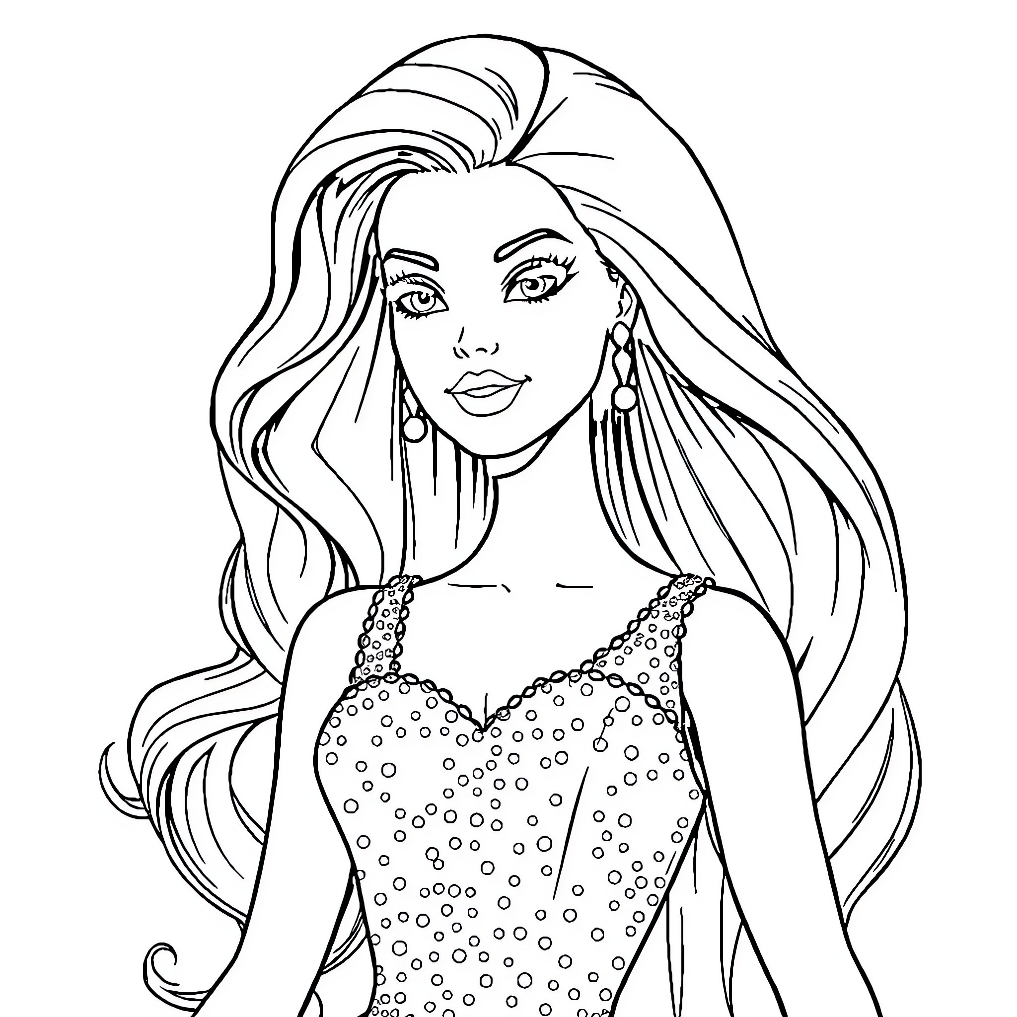 Barbie glamorously posing in an embellished outfit Coloring Page (free black-and-white line drawing printable PDF for all, from beginners to advanced learners, including children, teens, adults, and seniors)