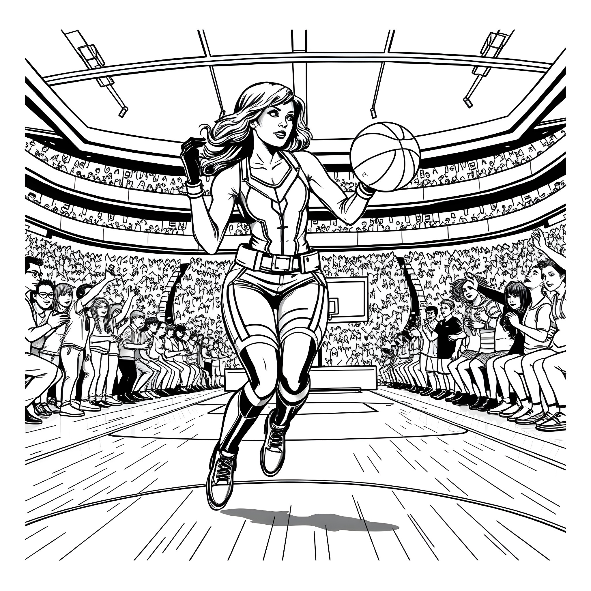 Black Widow Basketball Superstar Dominates the Court Coloring Page (free black-and-white line drawing printable PDF for all, from beginners to advanced learners, including children, teens, adults, and seniors)