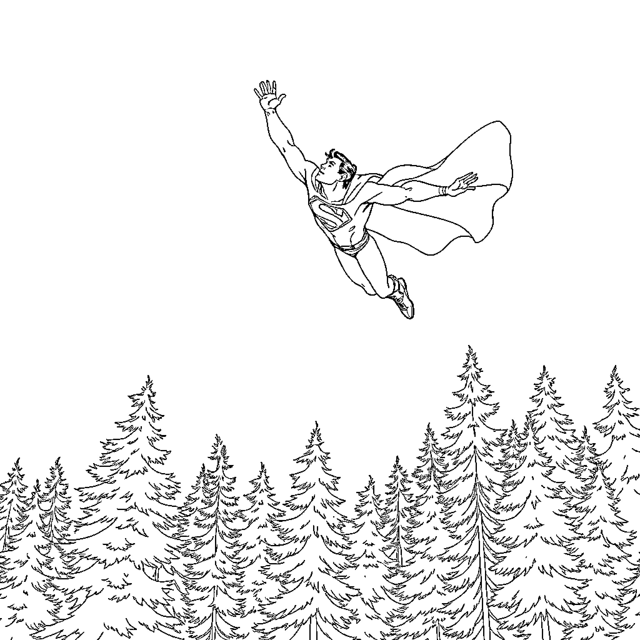 Superman soaring over a forest Coloring Page (free black-and-white line drawing printable PDF for all, from beginners to advanced learners, including children, teens, adults, and seniors)