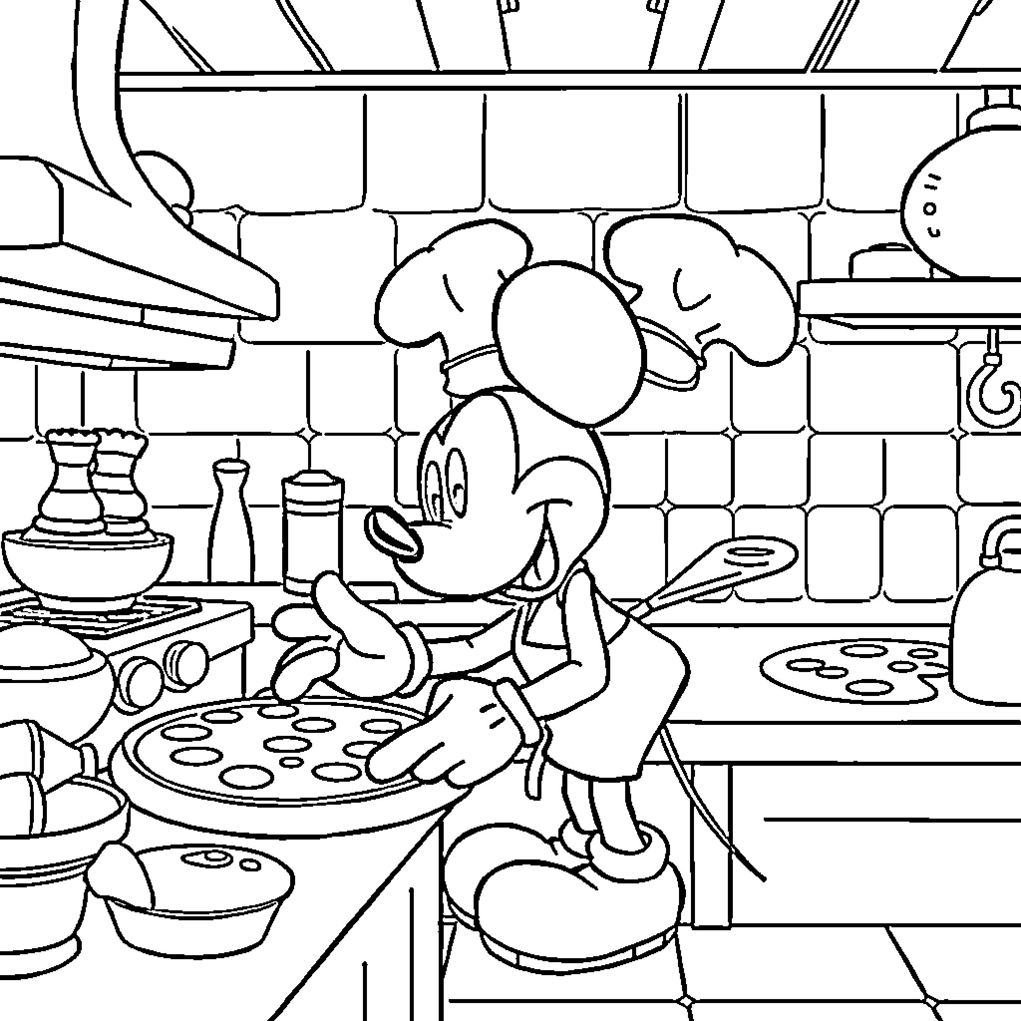 Mickey Mouse cooking in the kitchen Coloring Page (free black-and-white line drawing printable PDF for all, from beginners to advanced learners, including children, teens, adults, and seniors)