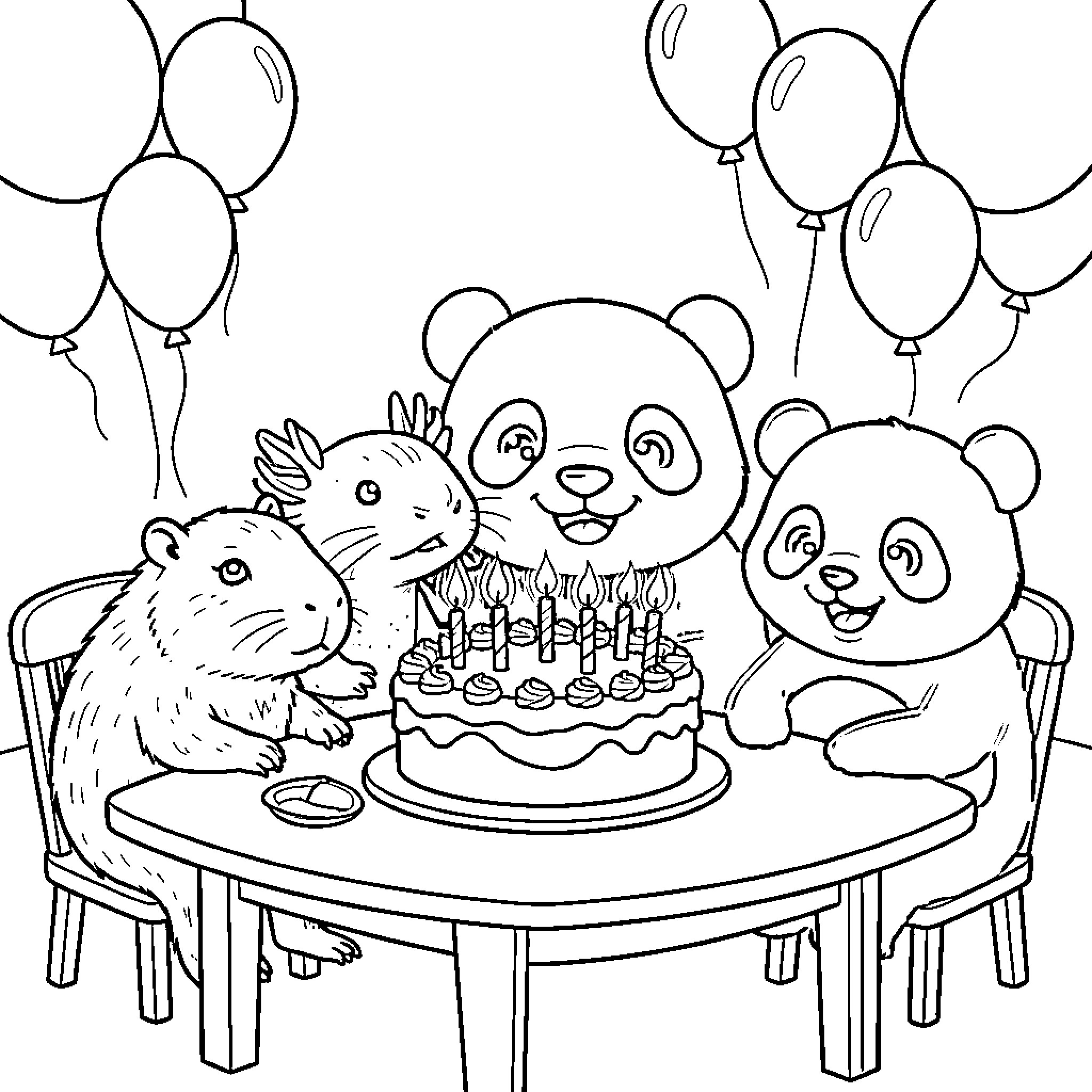 Capybara and pandas celebrating a birthday with cake Coloring Page (free black-and-white line drawing printable PDF for all, from beginners to advanced learners, including children, teens, adults, and seniors)