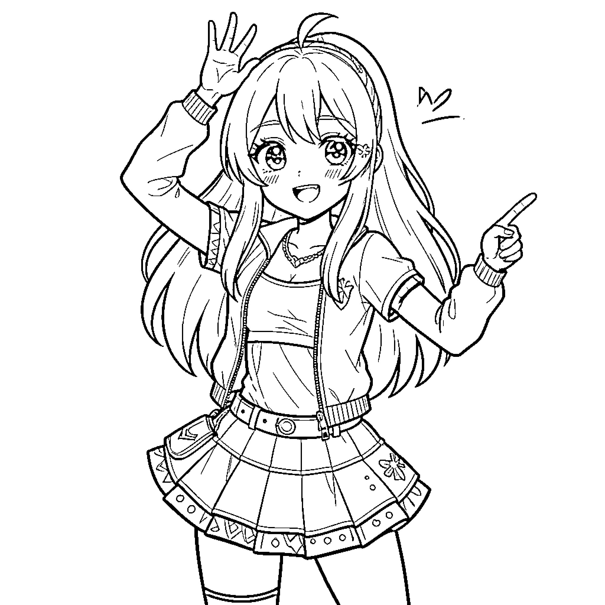 Anime Girl waving and pointing happily in casual outfit Coloring Page (free black-and-white line drawing printable PDF for all, from beginners to advanced learners, including children, teens, adults, and seniors)