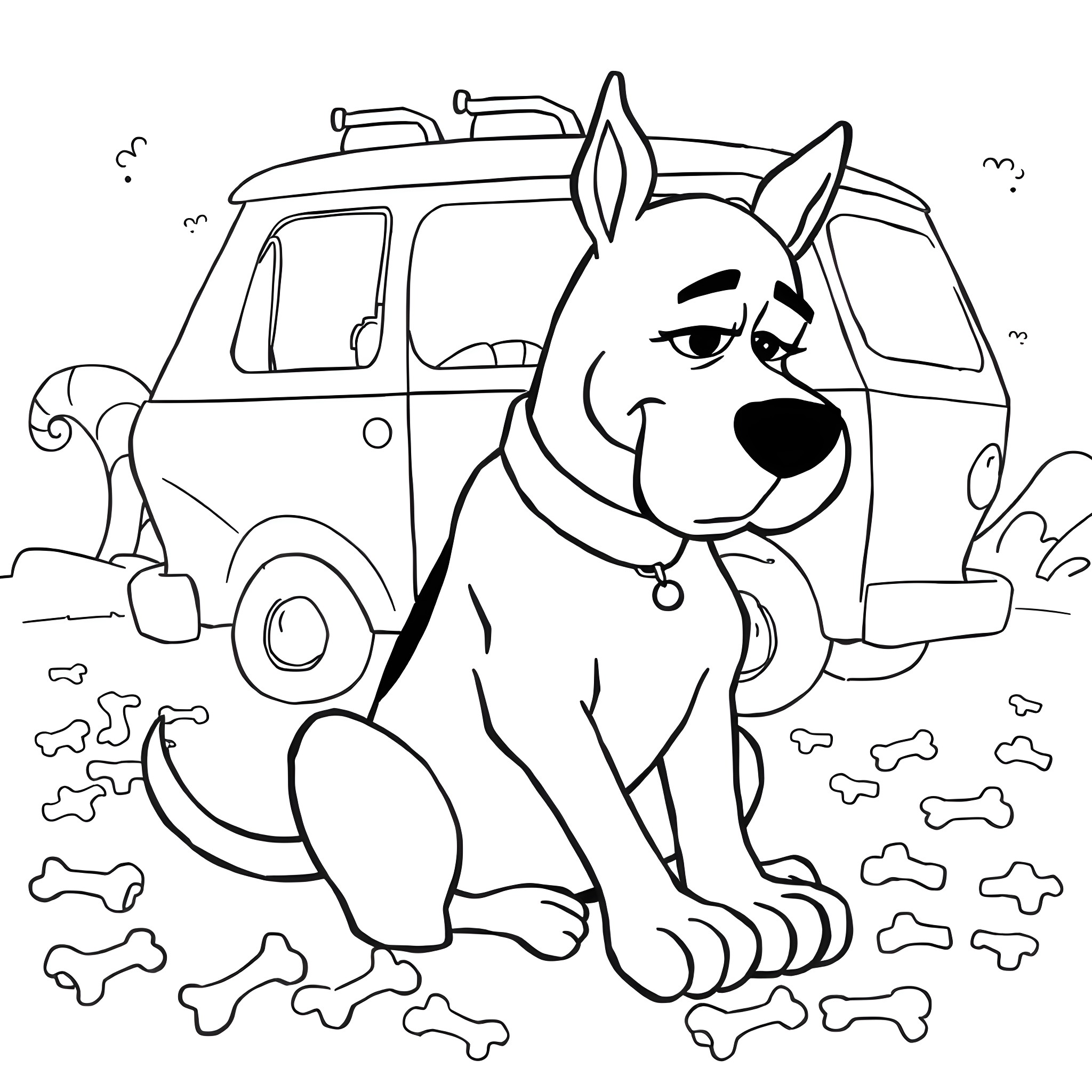 Scooby Doo and his Mystery Machine Coloring Page (free black-and-white line drawing printable PDF for all, from beginners to advanced learners, including children, teens, adults, and seniors)