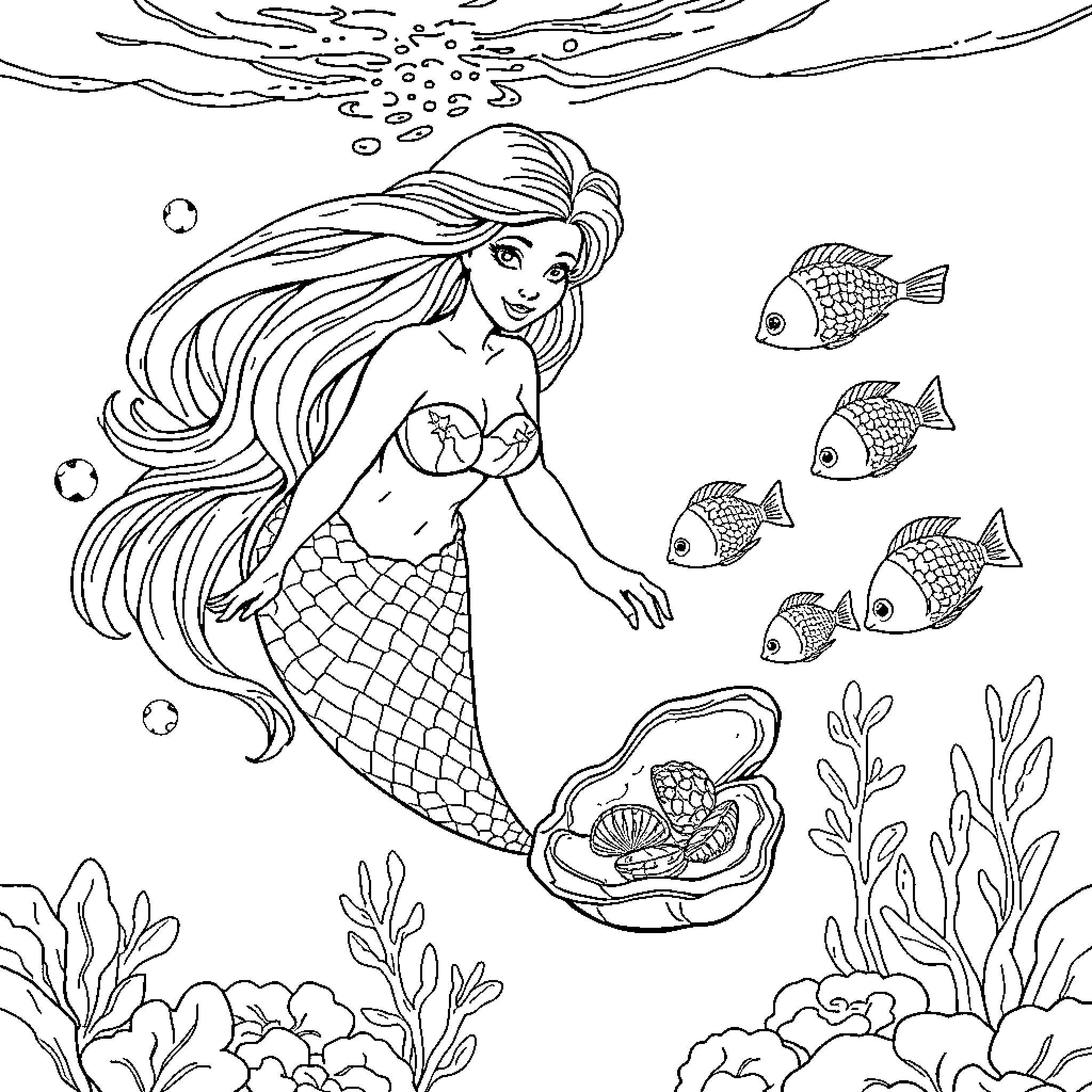 Mermaid exploring underwater sea life Coloring Page (free black-and-white line drawing printable PDF for all, from beginners to advanced learners, including children, teens, adults, and seniors)