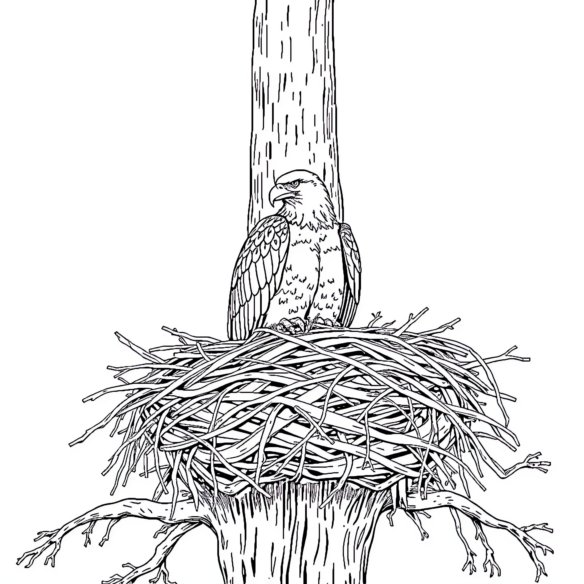 Eagle perched in a nest on a tree branch Coloring Page (free black-and-white line drawing printable PDF for all, from beginners to advanced learners, including children, teens, adults, and seniors)