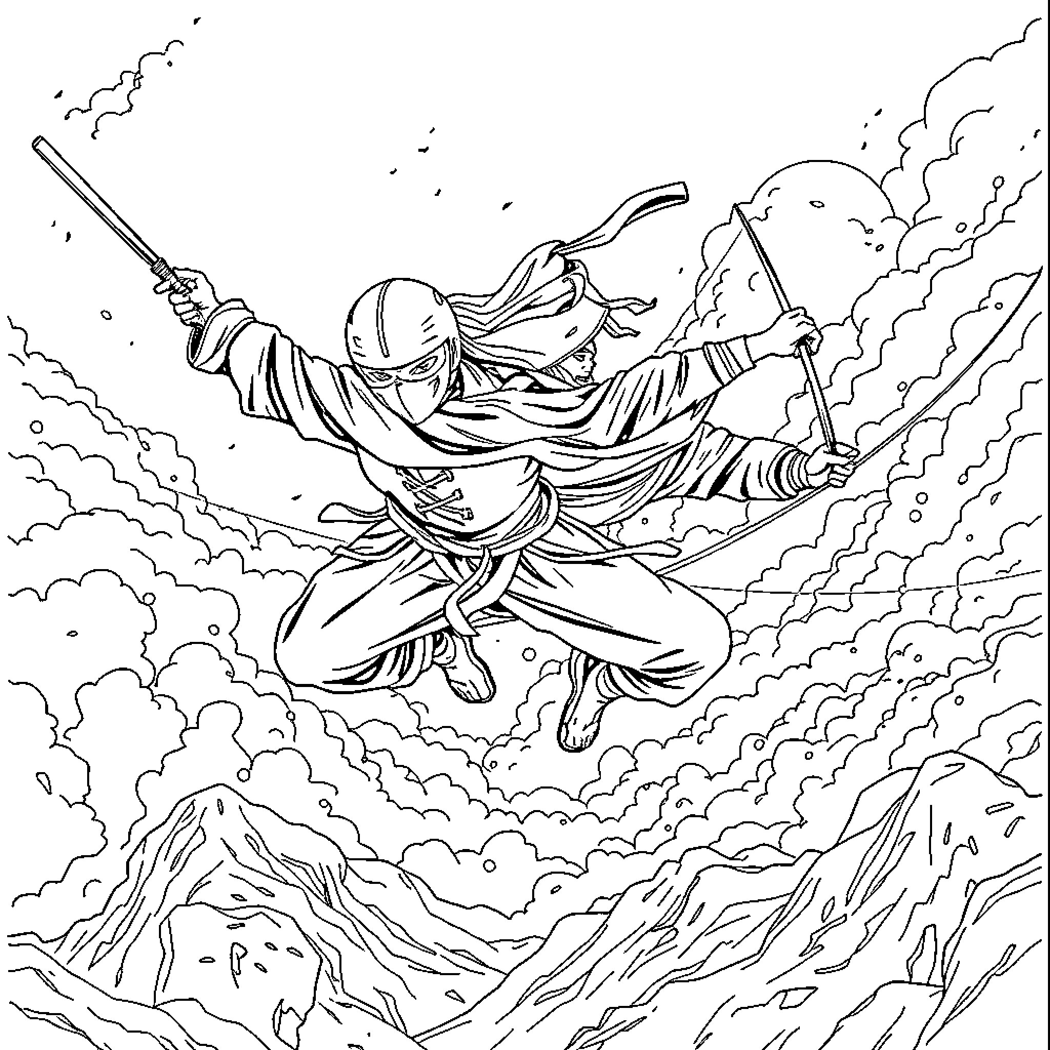 Ninja leaping through stormy skies with swords drawn Coloring Page (free black-and-white line drawing printable PDF for all, from beginners to advanced learners, including children, teens, adults, and seniors)
