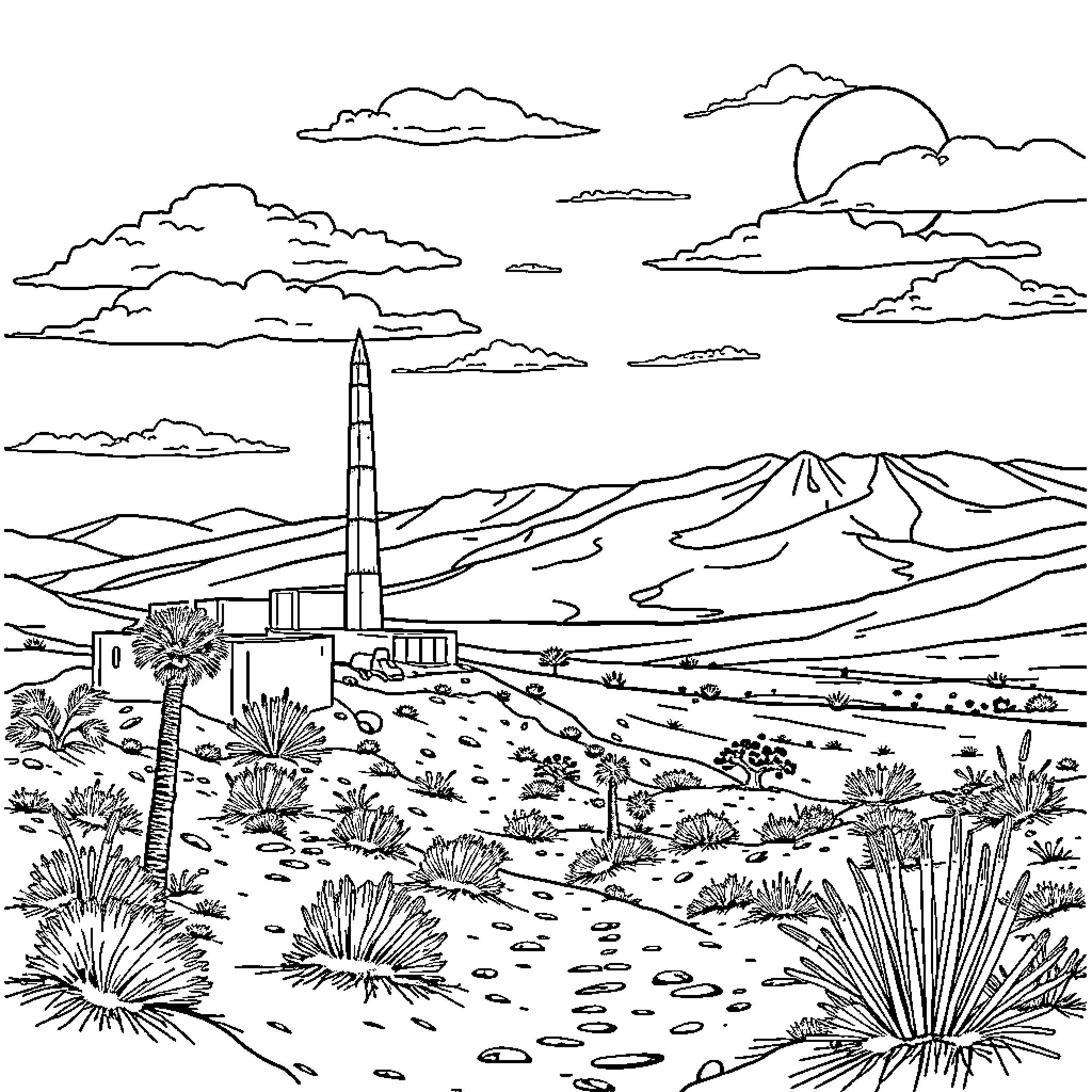 Algerie scenic desert landscape with tower and mountains Coloring Page (free black-and-white line drawing printable PDF for all, from beginners to advanced learners, including children, teens, adults, and seniors)