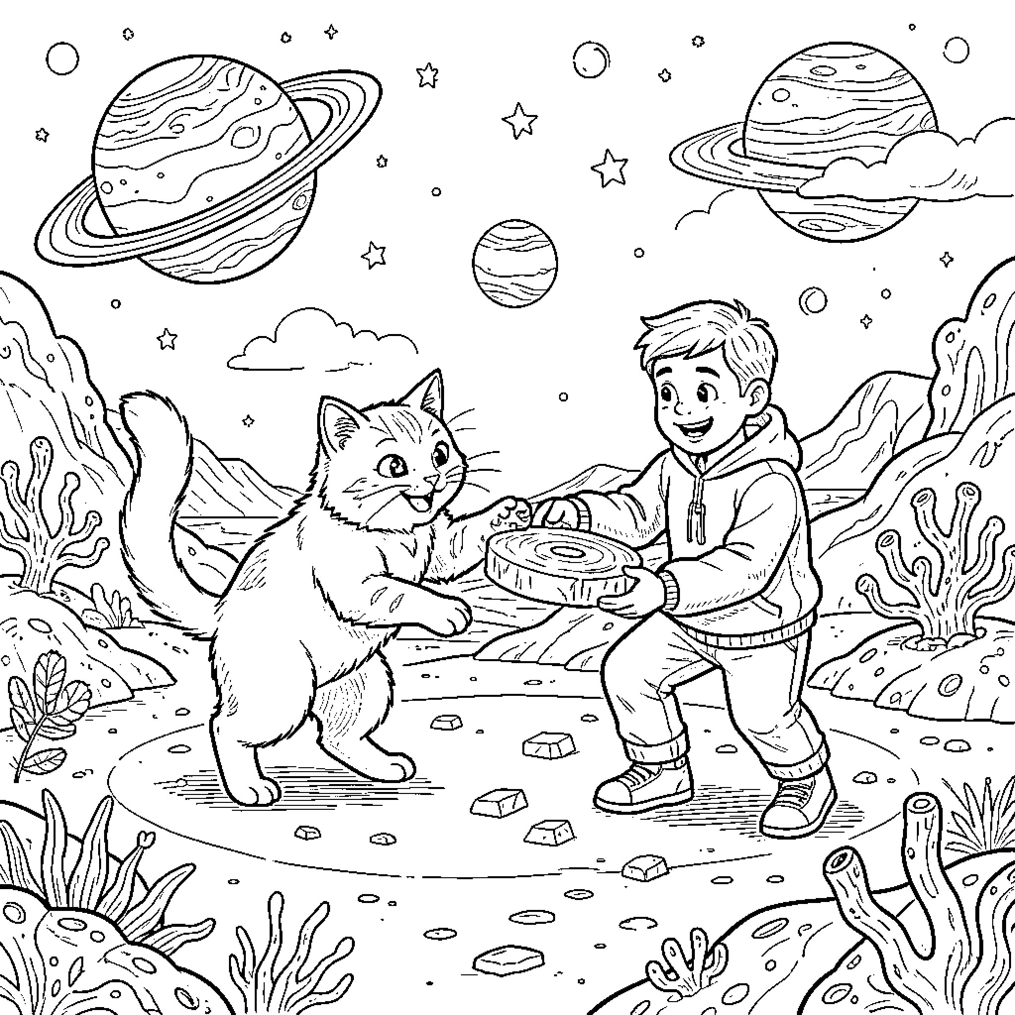 Gato and the Space Explorer Coloring Page (free black-and-white line drawing printable PDF for all, from beginners to advanced learners, including children, teens, adults, and seniors)