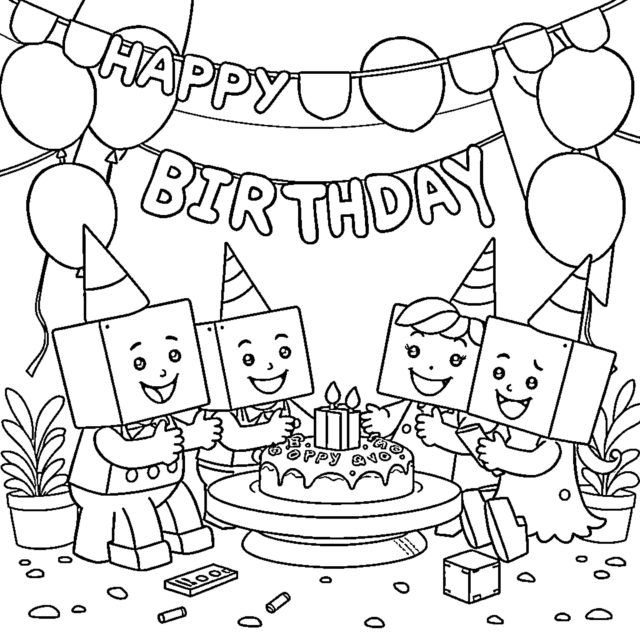 Number of Happy Birthday Celebration Coloring Page (free black-and-white line drawing printable PDF for all, from beginners to advanced learners, including children, teens, adults, and seniors)