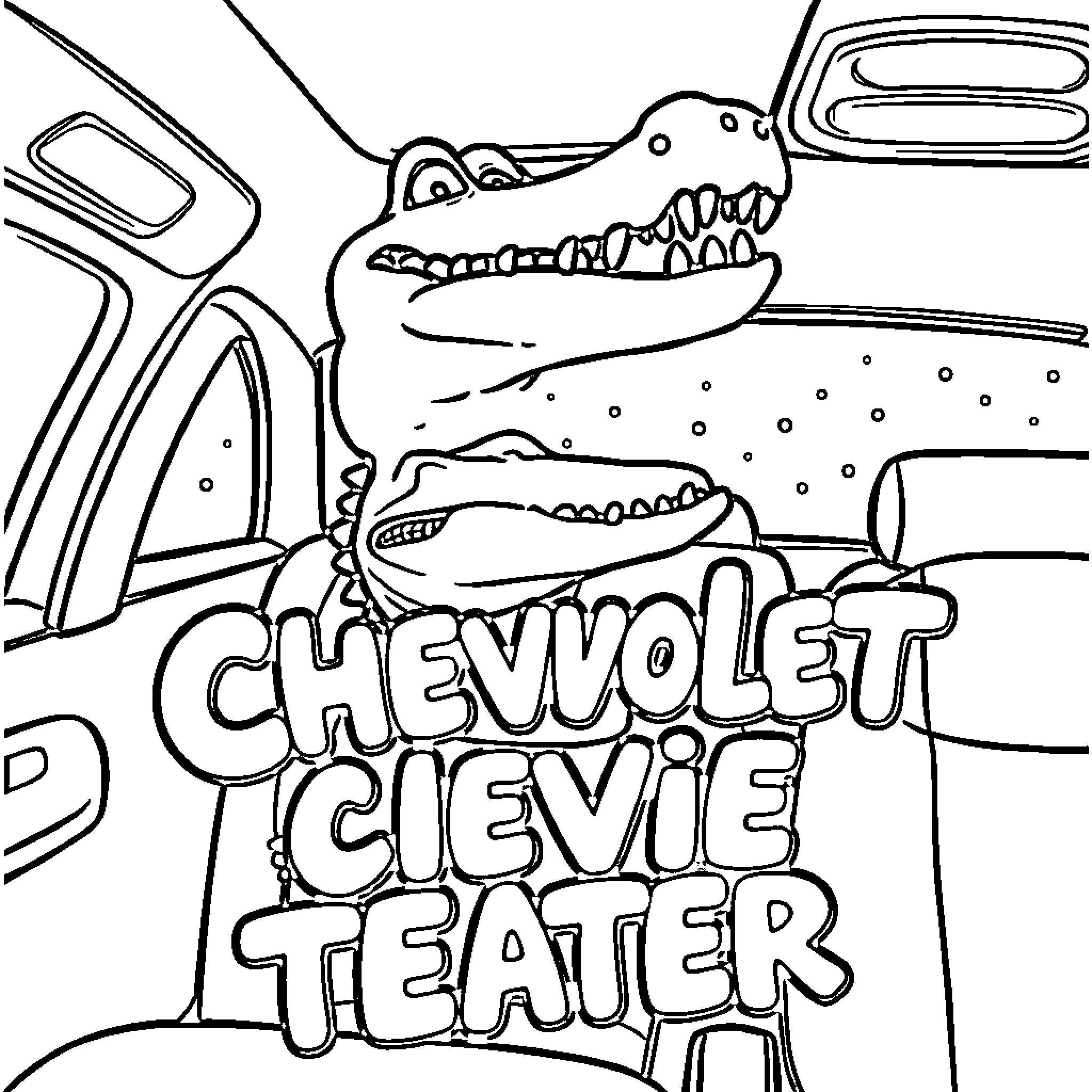 Bubble Lettering Alligator's Cheerful Automotive Scene Coloring Page (free black-and-white line drawing printable PDF for all, from beginners to advanced learners, including children, teens, adults, and seniors)