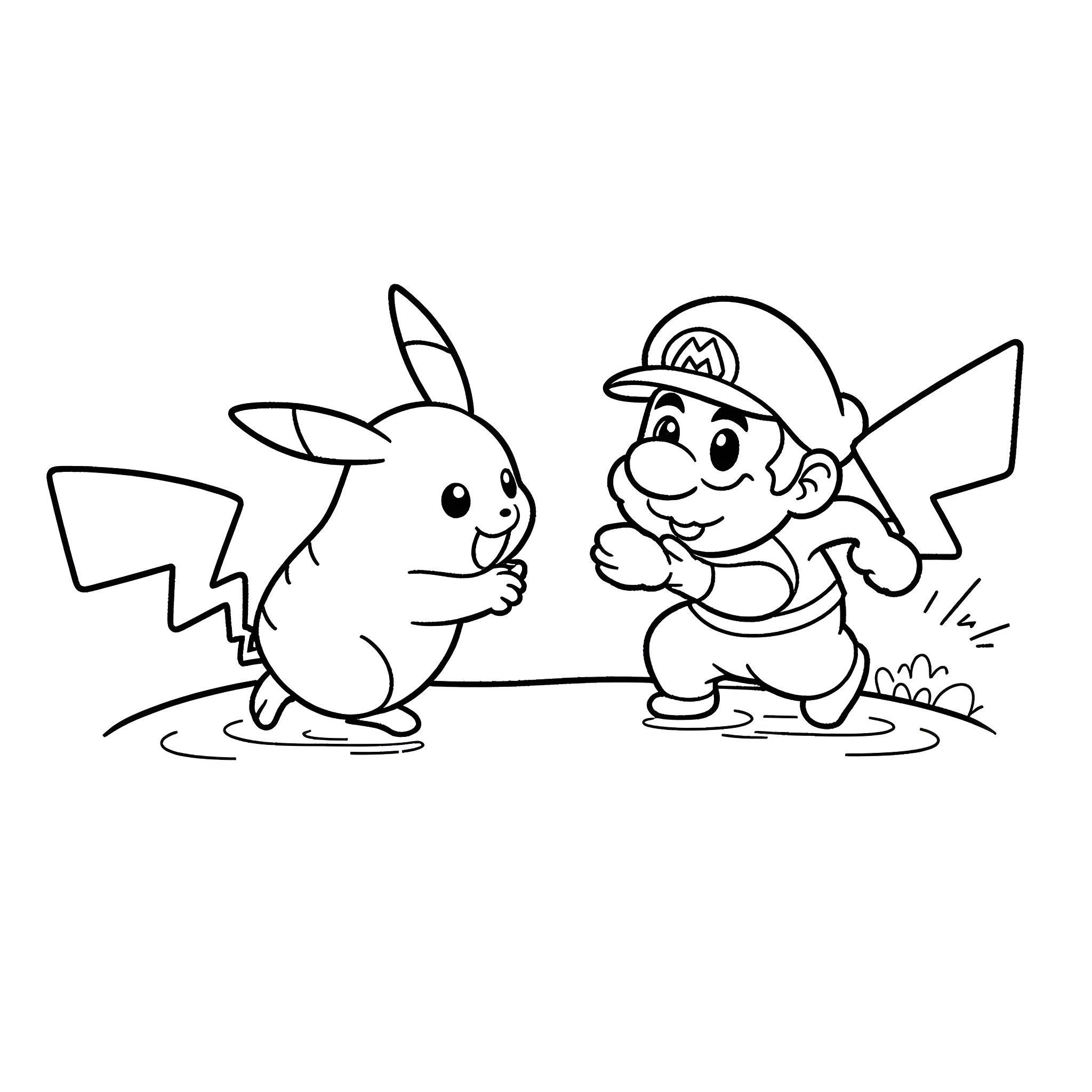 Pikachu and Mario playing together Coloring Page (free black-and-white line drawing printable PDF for all, from beginners to advanced learners, including children, teens, adults, and seniors)