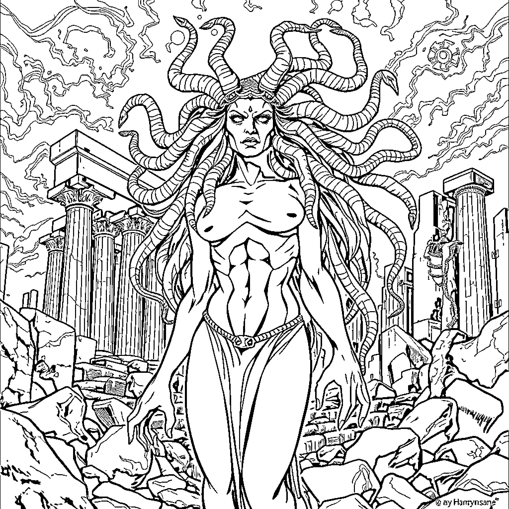 Medusa's Mythical Manifestation: Gorgon Goddess Emerges Coloring Page (free black-and-white line drawing printable PDF for all, from beginners to advanced learners, including children, teens, adults, and seniors)