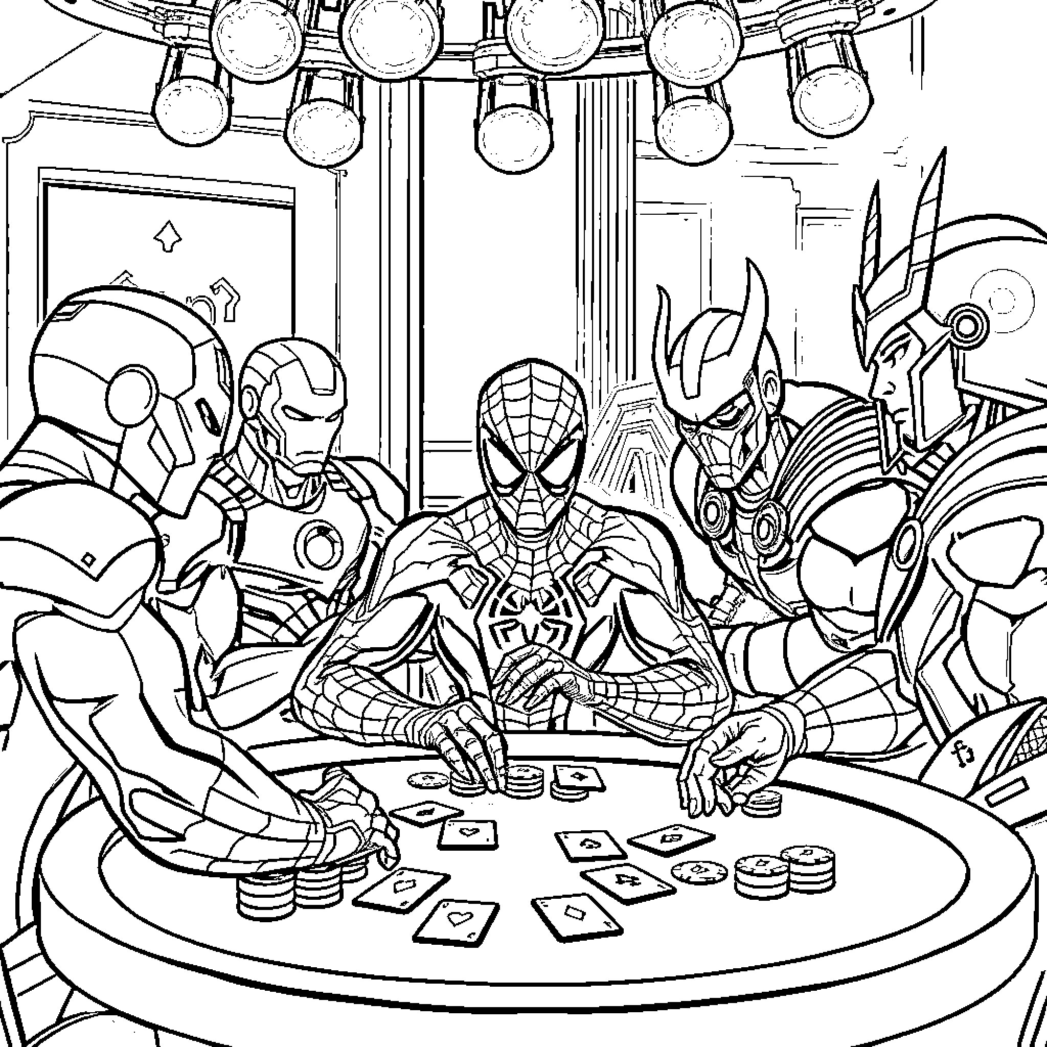Spiderman and superhero friends playing cards together Coloring Page (free black-and-white line drawing printable PDF for all, from beginners to advanced learners, including children, teens, adults, and seniors)