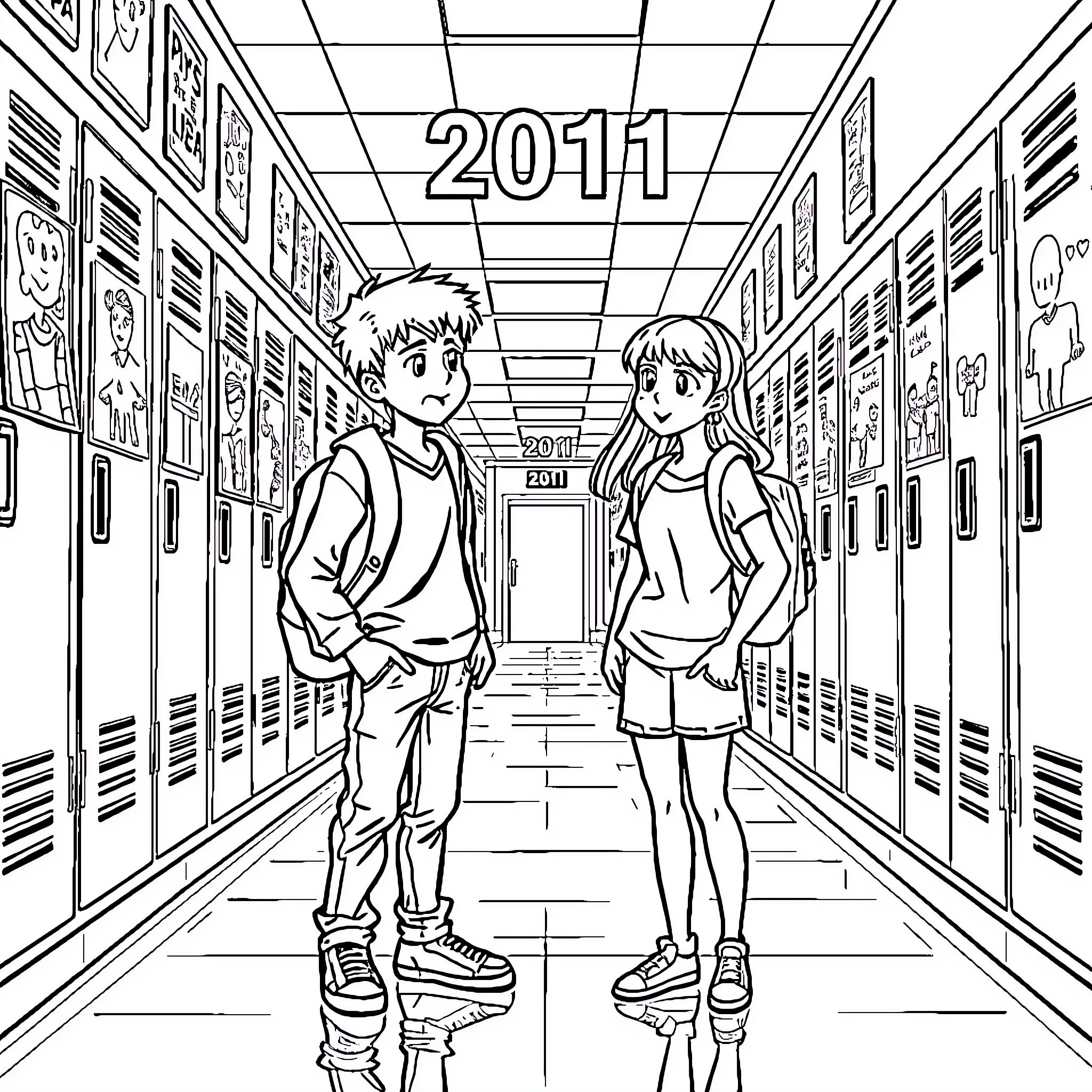 Teenager talking in school hallway Coloring Page (free black-and-white line drawing printable PDF for all, from beginners to advanced learners, including children, teens, adults, and seniors)