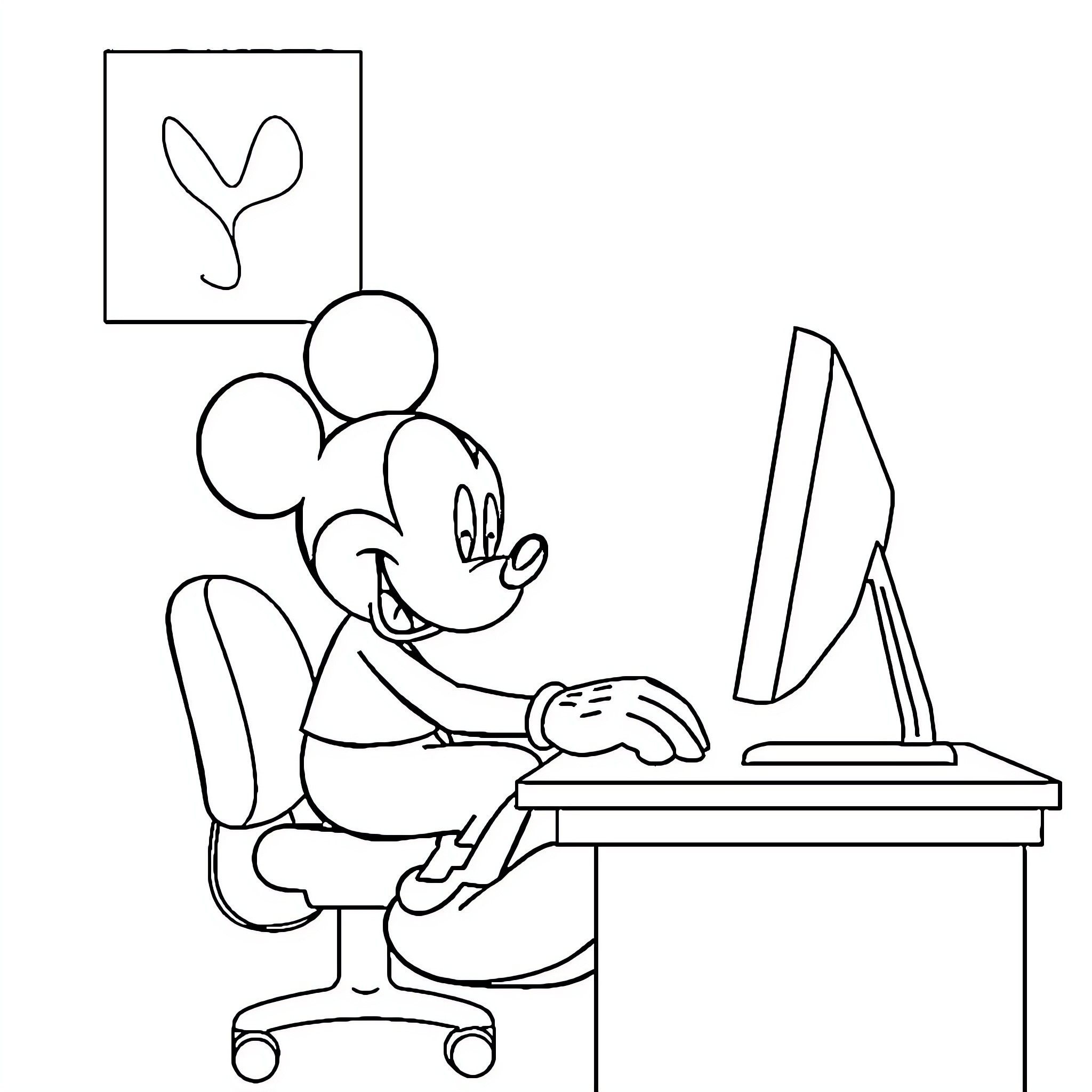 Mickey Mouse working diligently on computer Coloring Page (free black-and-white line drawing printable PDF for all, from beginners to advanced learners, including children, teens, adults, and seniors)