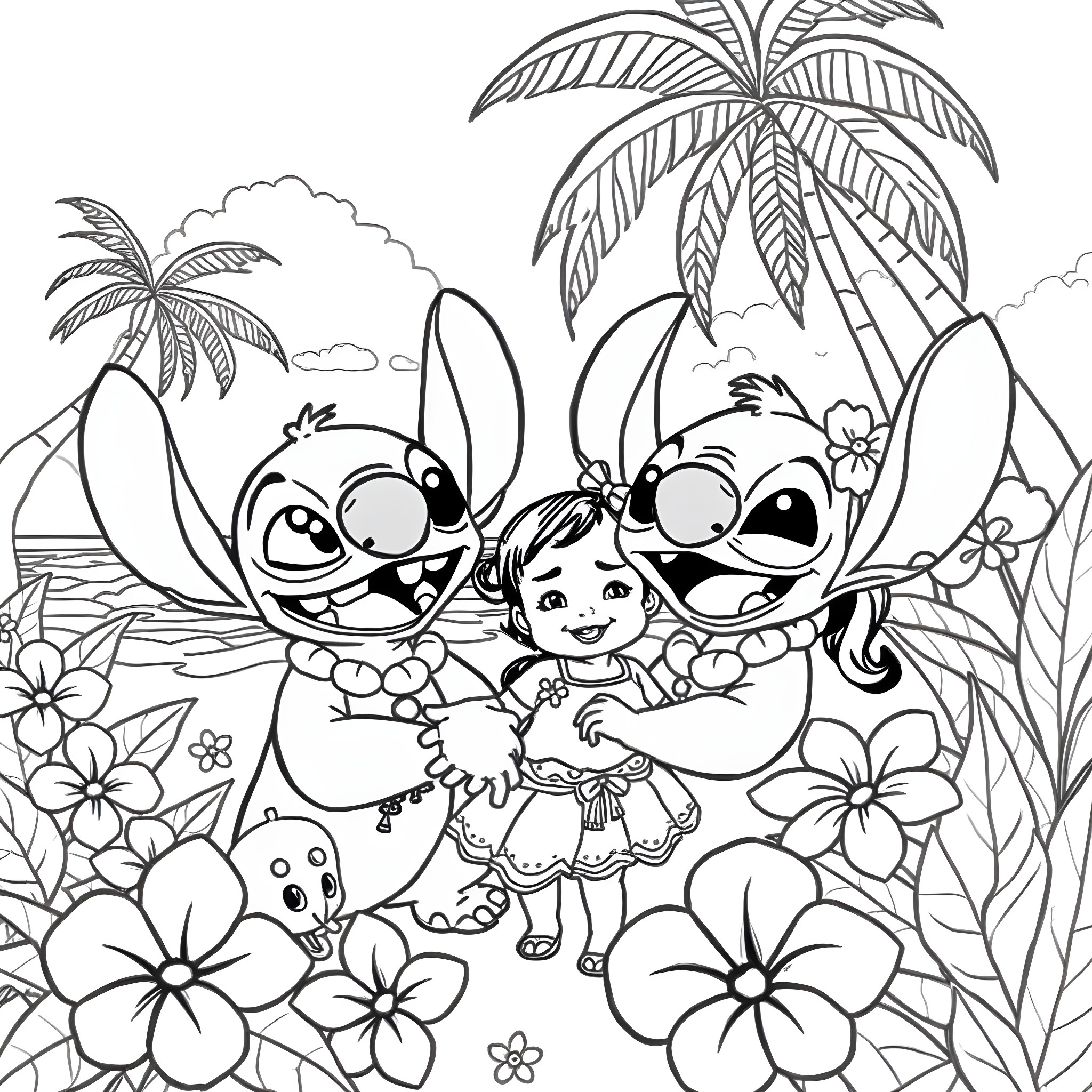 Lilo and Stitch playing in the tropical paradise Coloring Page (free black-and-white line drawing printable PDF for all, from beginners to advanced learners, including children, teens, adults, and seniors)