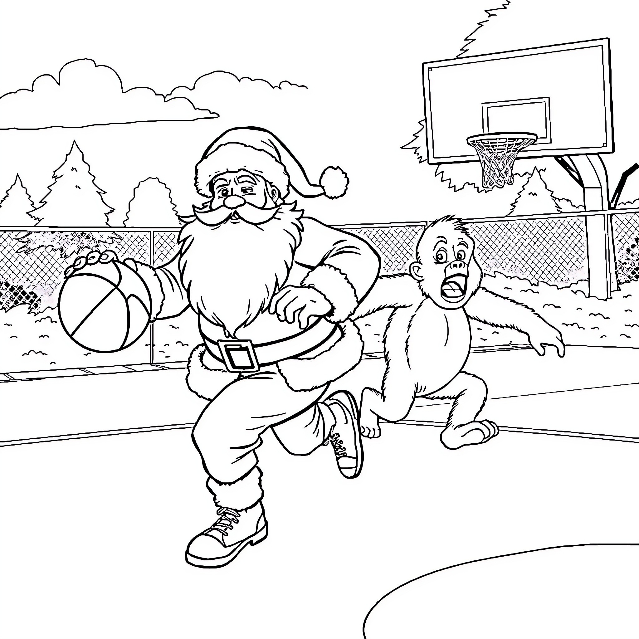 Santa playing basketball with a snowman Coloring Page (free black-and-white line drawing printable PDF for all, from beginners to advanced learners, including children, teens, adults, and seniors)