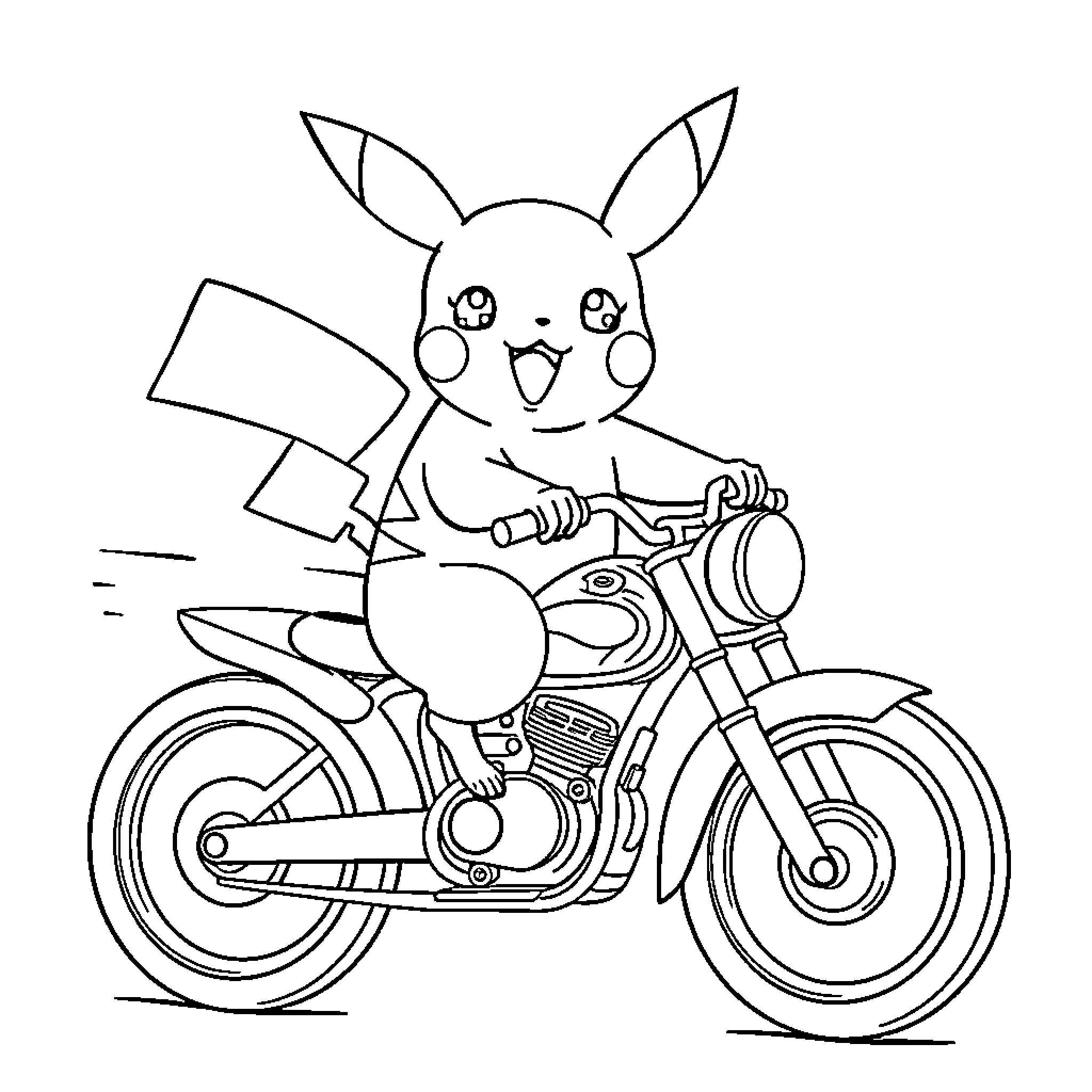 Pikachu riding a motorcycle with enthusiasm Coloring Page (free black-and-white line drawing printable PDF for all, from beginners to advanced learners, including children, teens, adults, and seniors)
