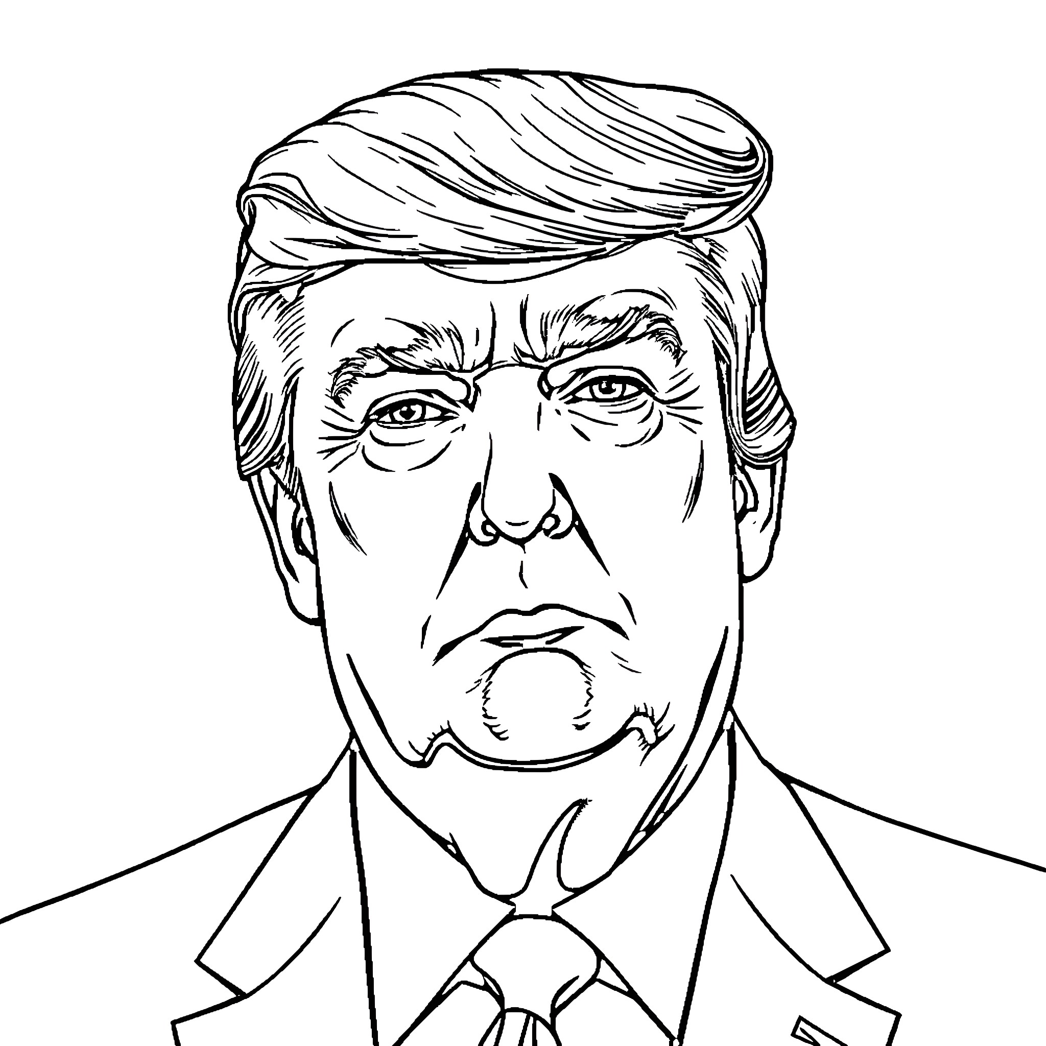 Trump Expressing Serious Facial Expression in Formal Attire Coloring Page (free black-and-white line drawing printable PDF for all, from beginners to advanced learners, including children, teens, adults, and seniors)