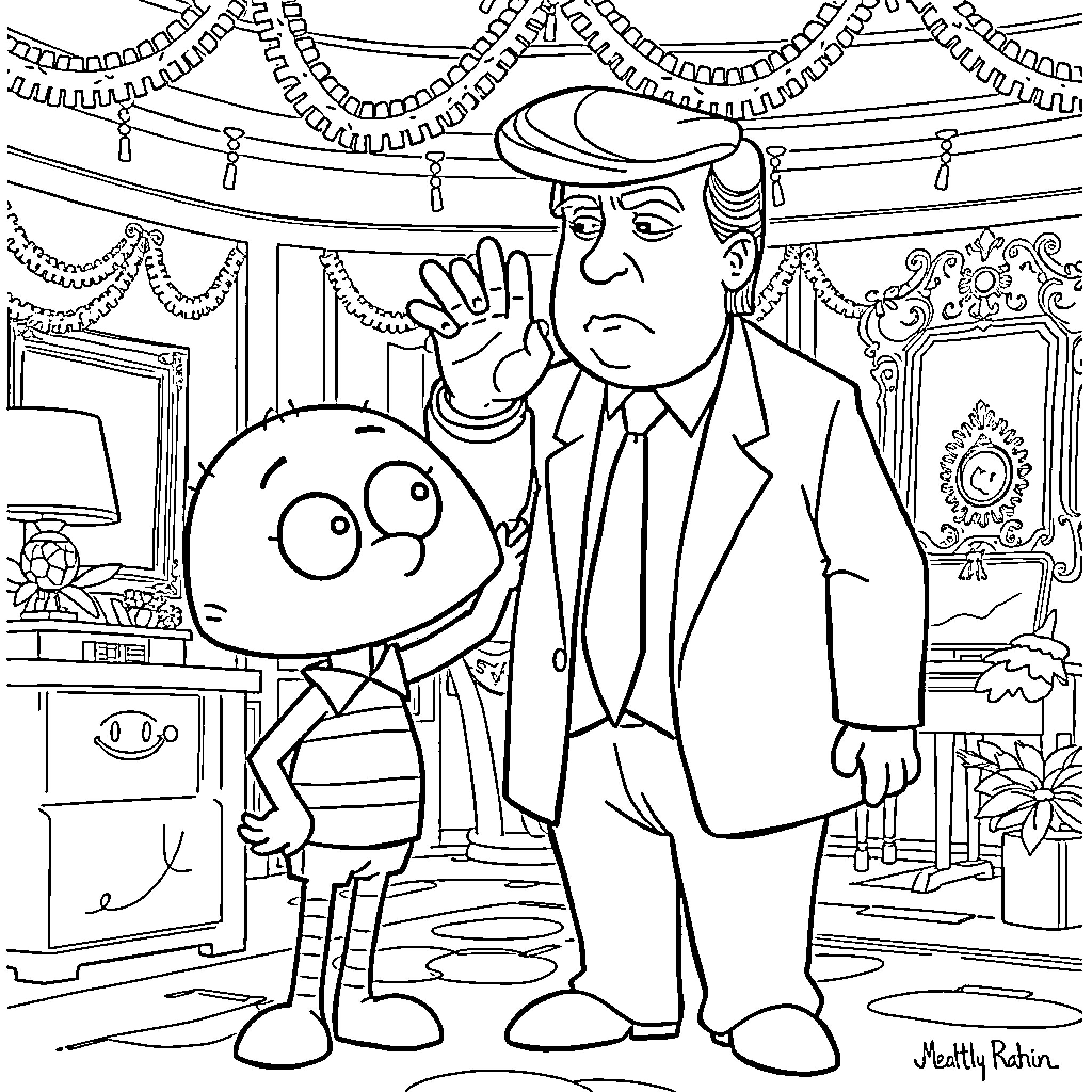 Stewie Griffin and his father figure in an indoor setting Coloring Page (free black-and-white line drawing printable PDF for all, from beginners to advanced learners, including children, teens, adults, and seniors)