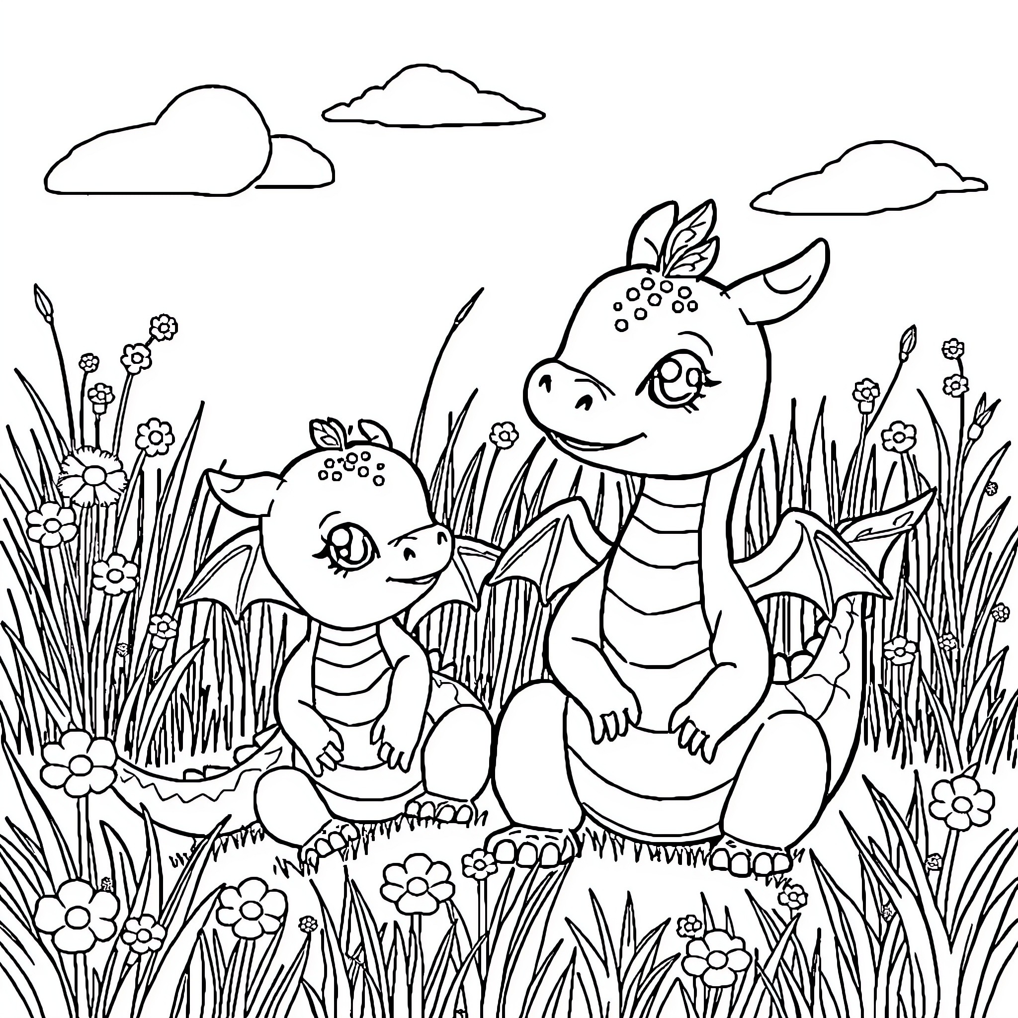 Dragon friends exploring the grassy meadow Coloring Page (free black-and-white line drawing printable PDF for all, from beginners to advanced learners, including children, teens, adults, and seniors)