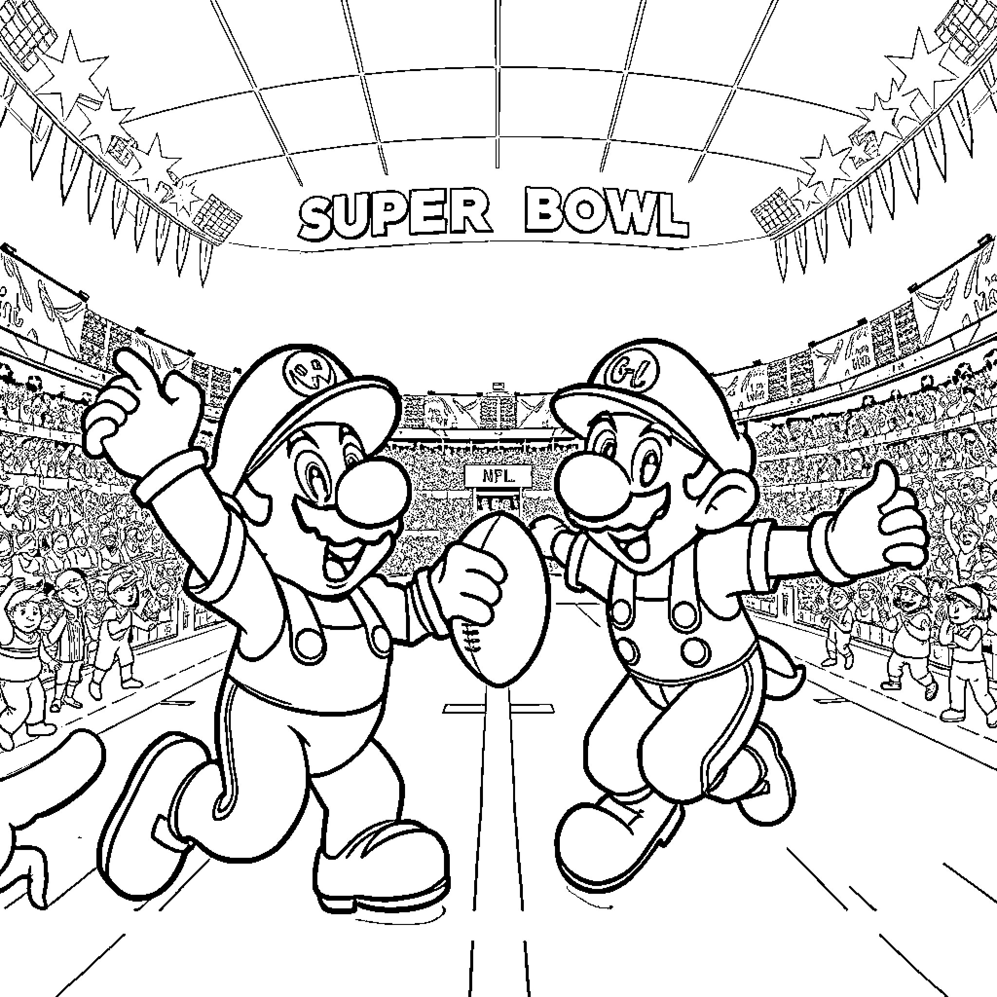 Mario and Luigi competing in the Super Bowl stadium Coloring Page (free black-and-white line drawing printable PDF for all, from beginners to advanced learners, including children, teens, adults, and seniors)