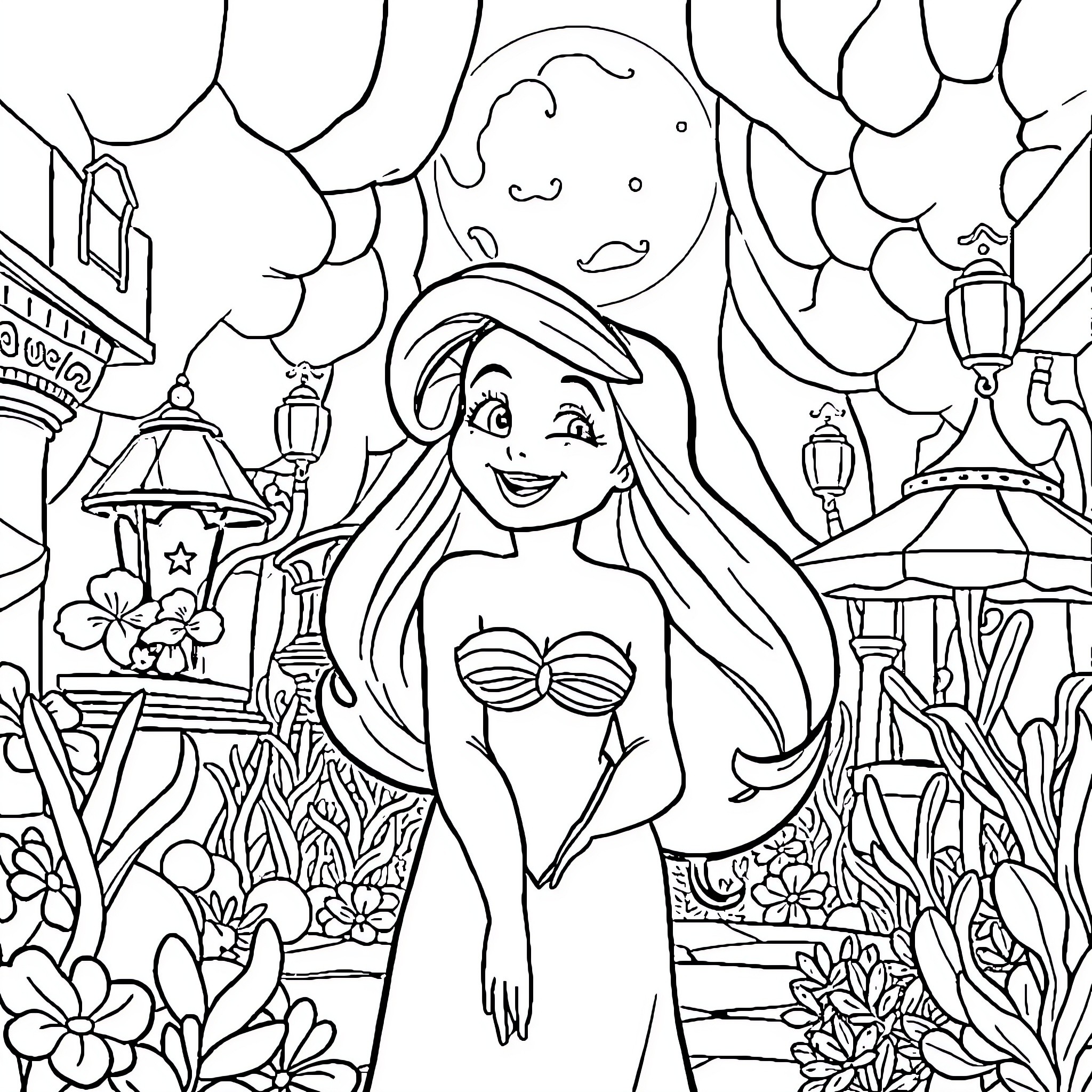 Ariel enjoying a magical undersea garden Coloring Page (free black-and-white line drawing printable PDF for all, from beginners to advanced learners, including children, teens, adults, and seniors)