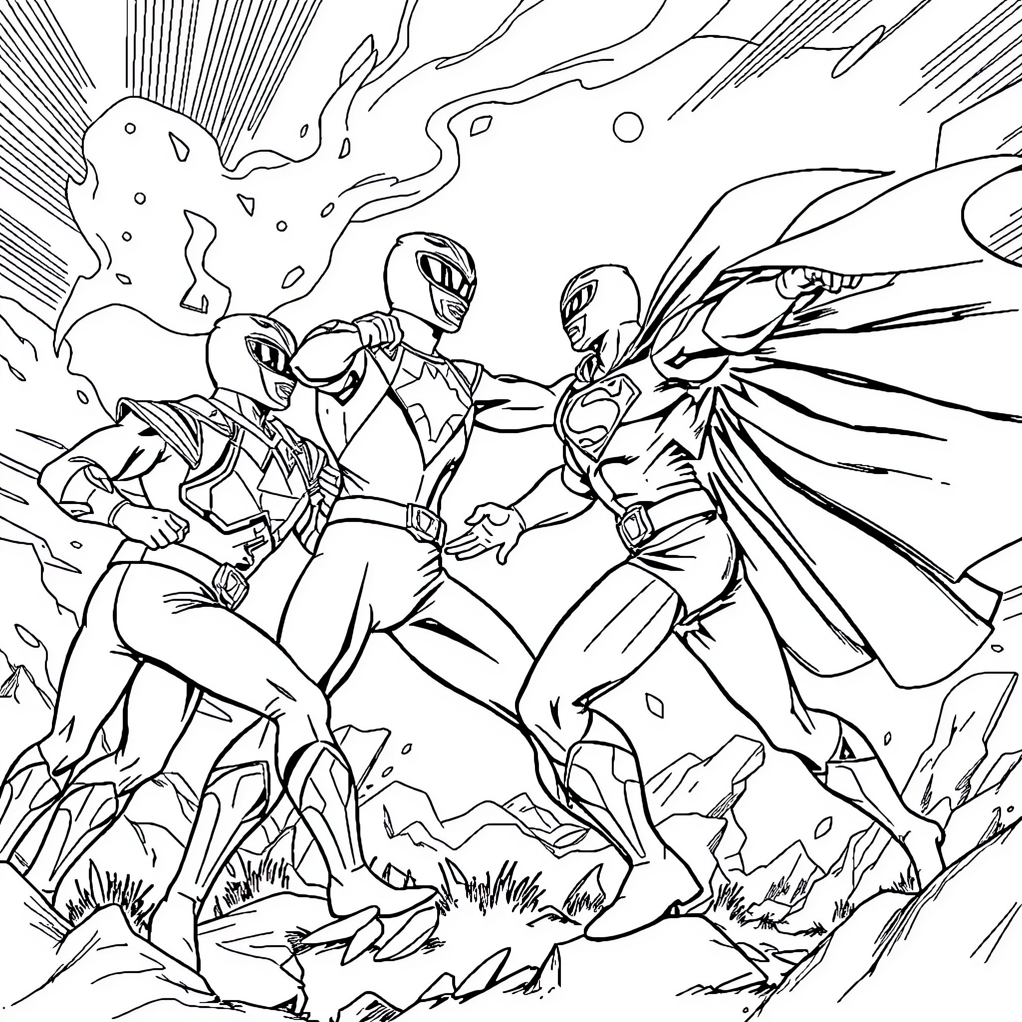 Power Rangers battling fierce enemies in epic clash Coloring Page (free black-and-white line drawing printable PDF for all, from beginners to advanced learners, including children, teens, adults, and seniors)
