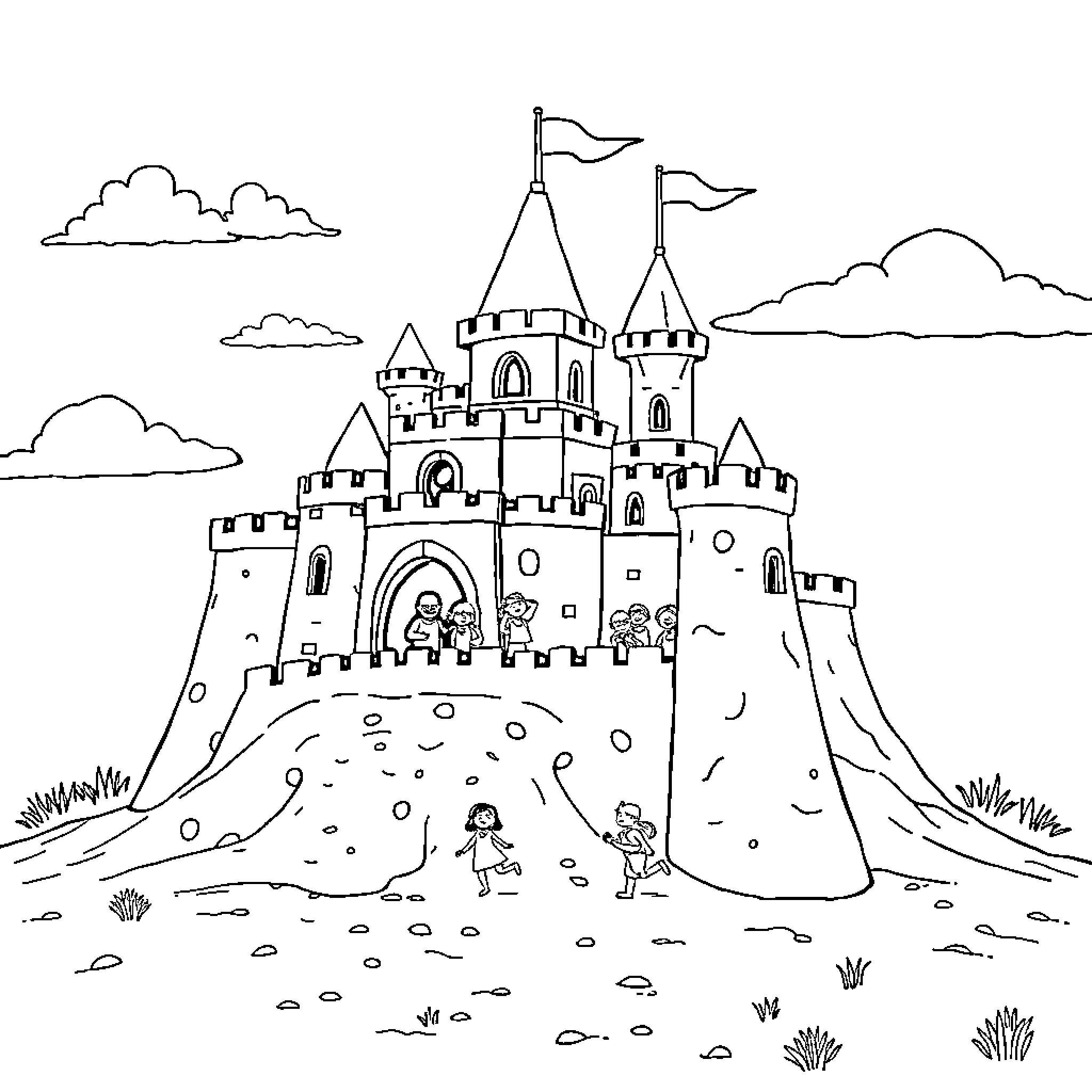 Sand Castle with Playful Children and Majestic Towers Coloring Page (free black-and-white line drawing printable PDF for all, from beginners to advanced learners, including children, teens, adults, and seniors)