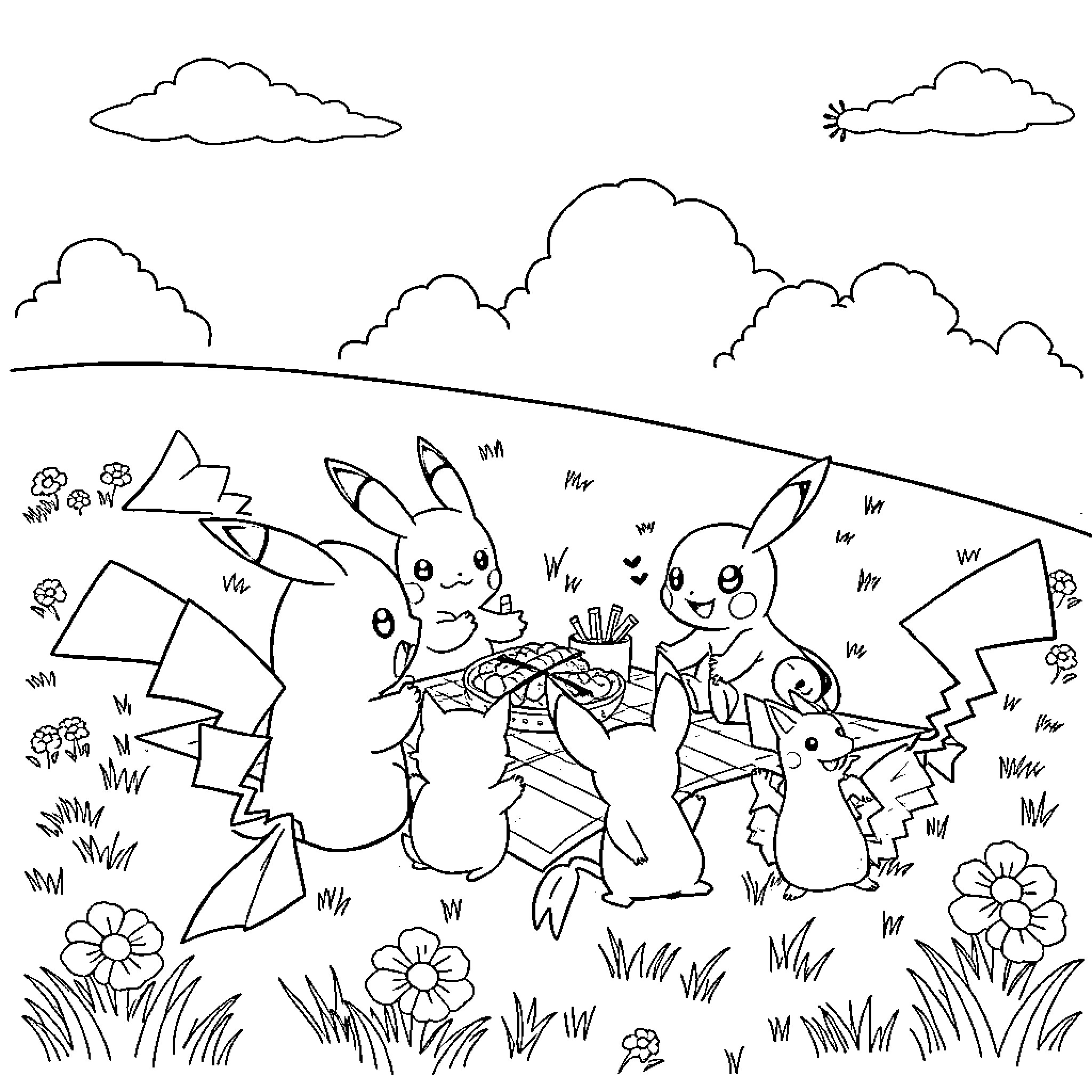 Pokémon Rabbits Enjoying a Picnic in Nature Coloring Page (free black-and-white line drawing printable PDF for all, from beginners to advanced learners, including children, teens, adults, and seniors)