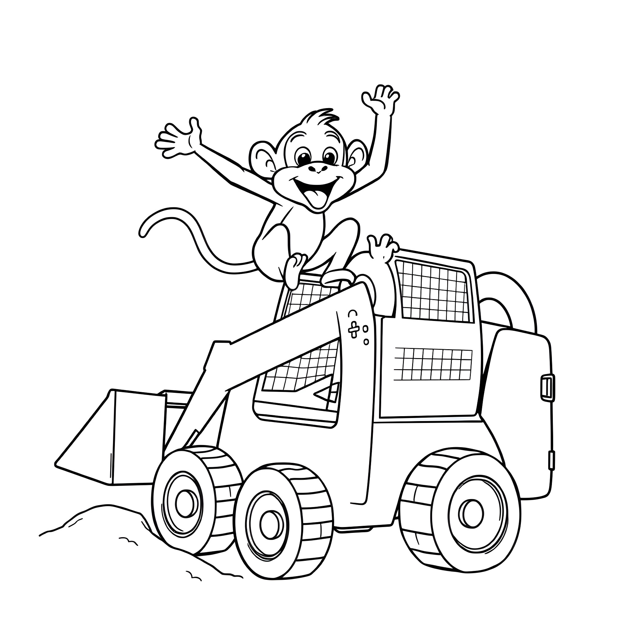 Monkey riding a construction vehicle excitedly Coloring Page (free black-and-white line drawing printable PDF for all, from beginners to advanced learners, including children, teens, adults, and seniors)