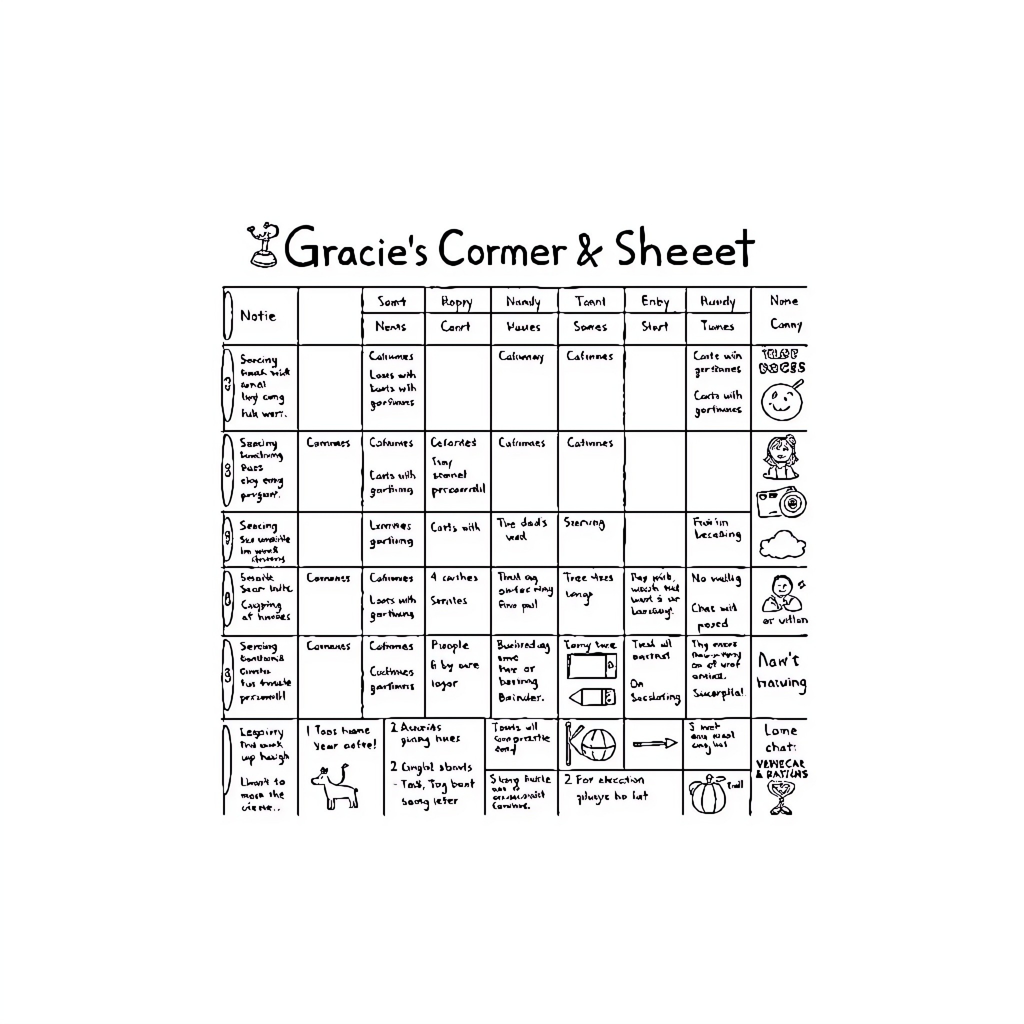 Gracie's Unique and Engaging Weekly Schedule Coloring Page (free black-and-white line drawing printable PDF for all, from beginners to advanced learners, including children, teens, adults, and seniors)