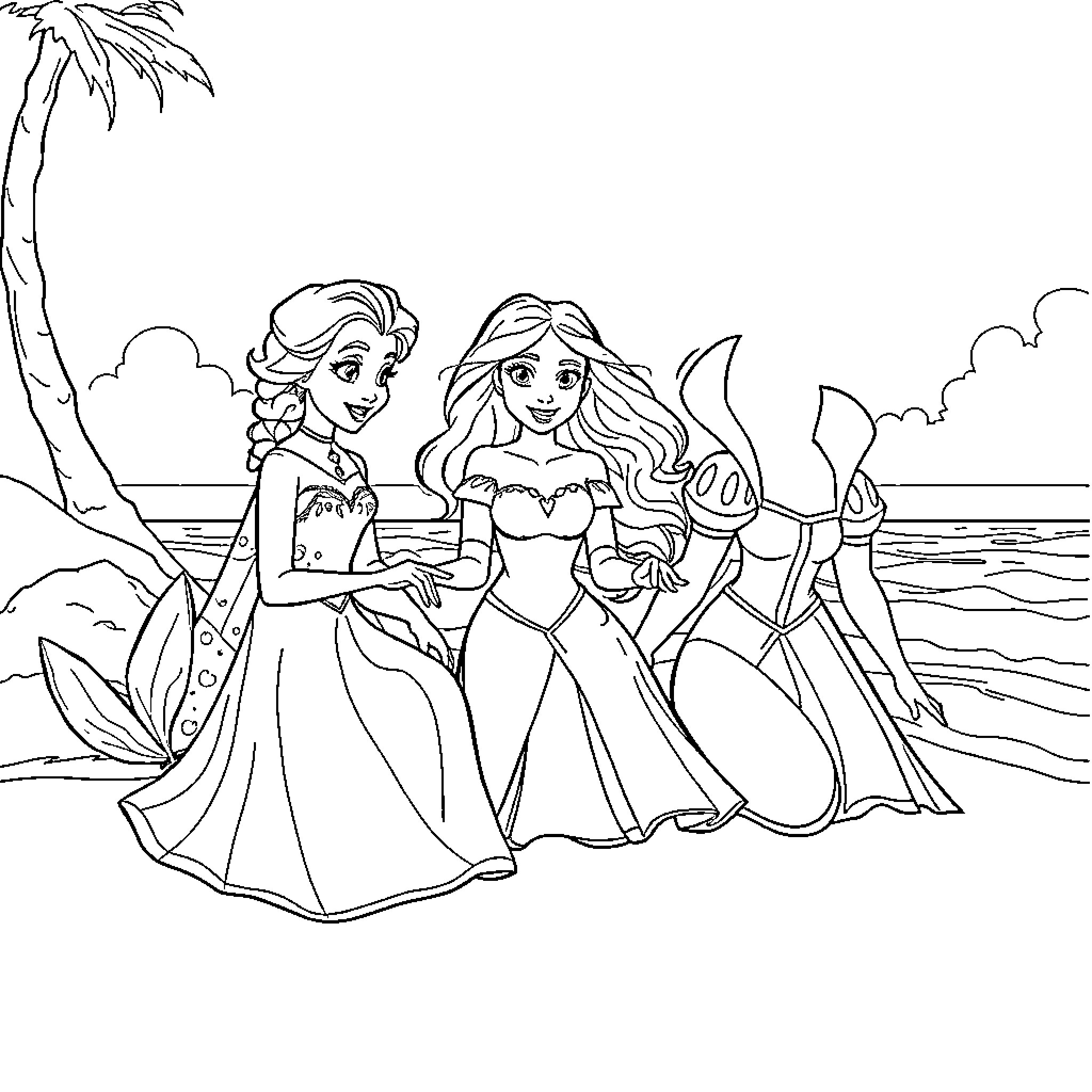 Princess beach party with friends Coloring Page (free black-and-white line drawing printable PDF for all, from beginners to advanced learners, including children, teens, adults, and seniors)