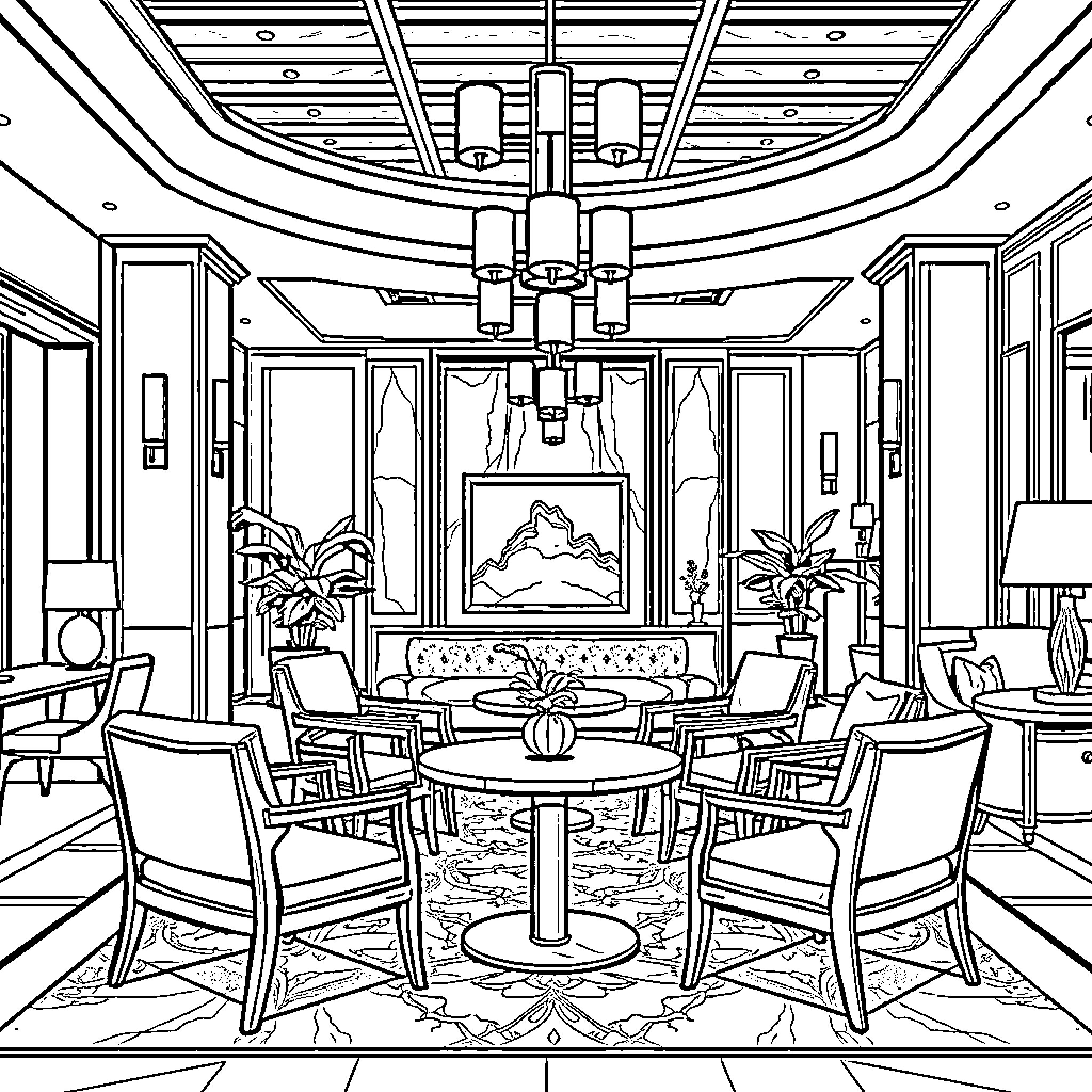 Lobby with Elegant Furnishings and Decor Coloring Page (free black-and-white line drawing printable PDF for all, from beginners to advanced learners, including children, teens, adults, and seniors)