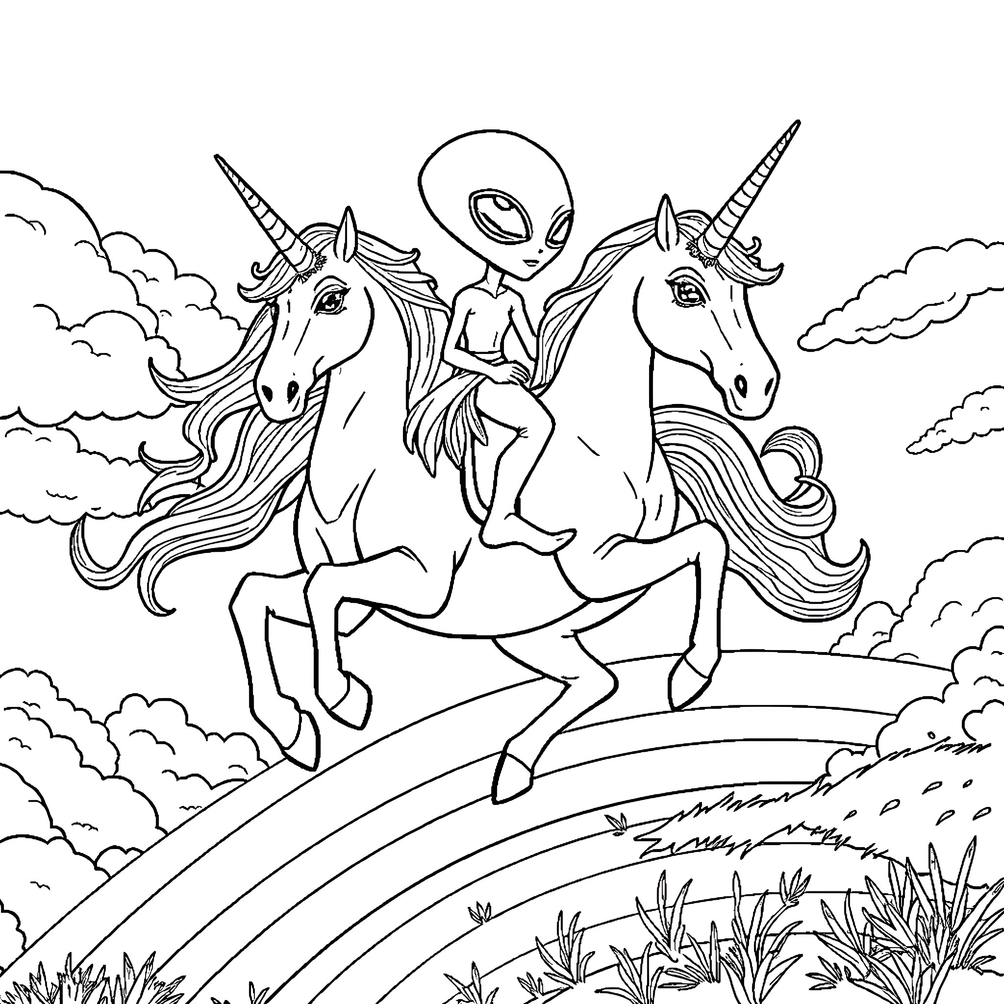 Alien riders on mystical unicorns in the sky Coloring Page (free black-and-white line drawing printable PDF for all, from beginners to advanced learners, including children, teens, adults, and seniors)