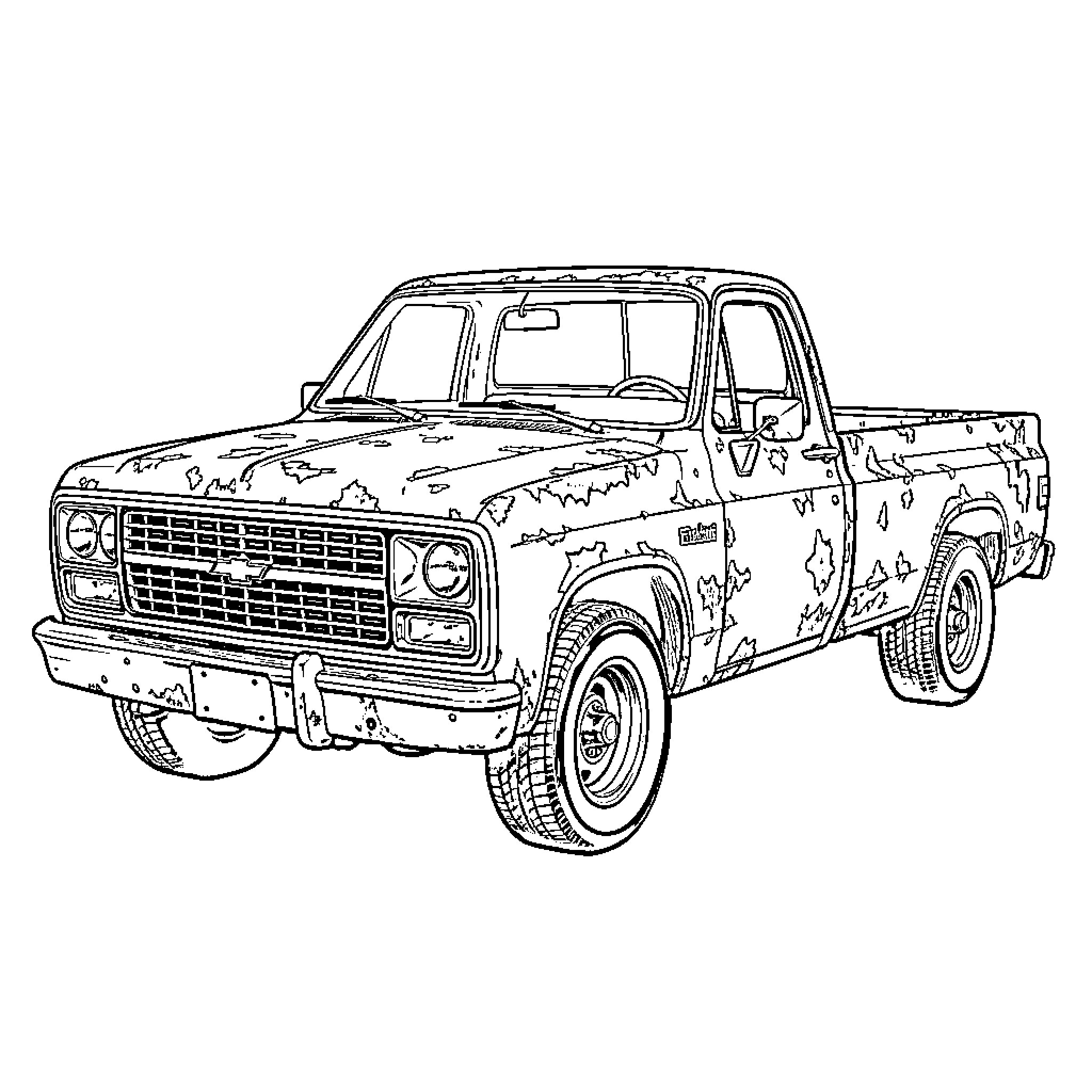 Chevy Truck in Rugged Outdoor Scene Coloring Page (free black-and-white line drawing printable PDF for all, from beginners to advanced learners, including children, teens, adults, and seniors)
