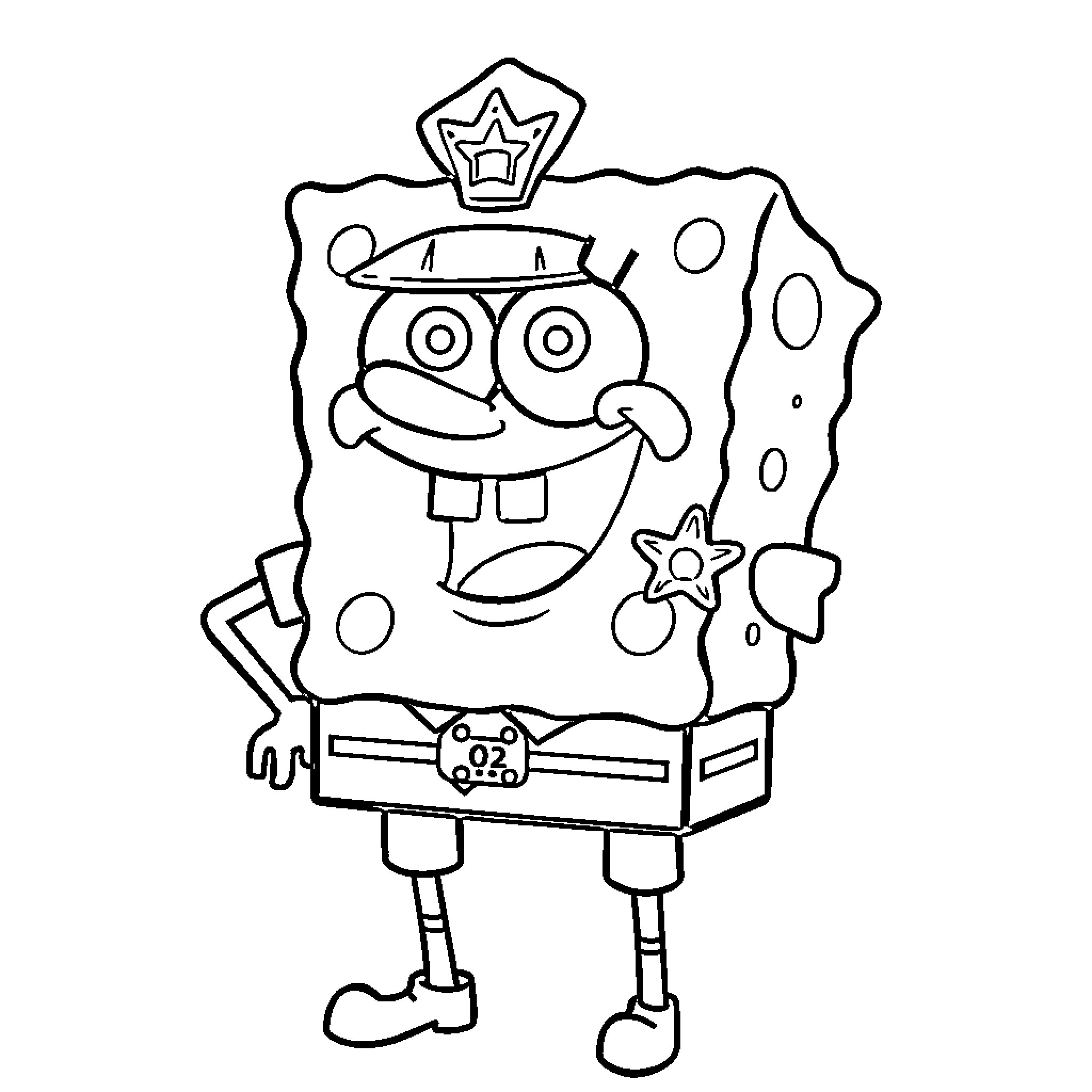 Spongebob in funny police officer outfit Coloring Page (free black-and-white line drawing printable PDF for all, from beginners to advanced learners, including children, teens, adults, and seniors)