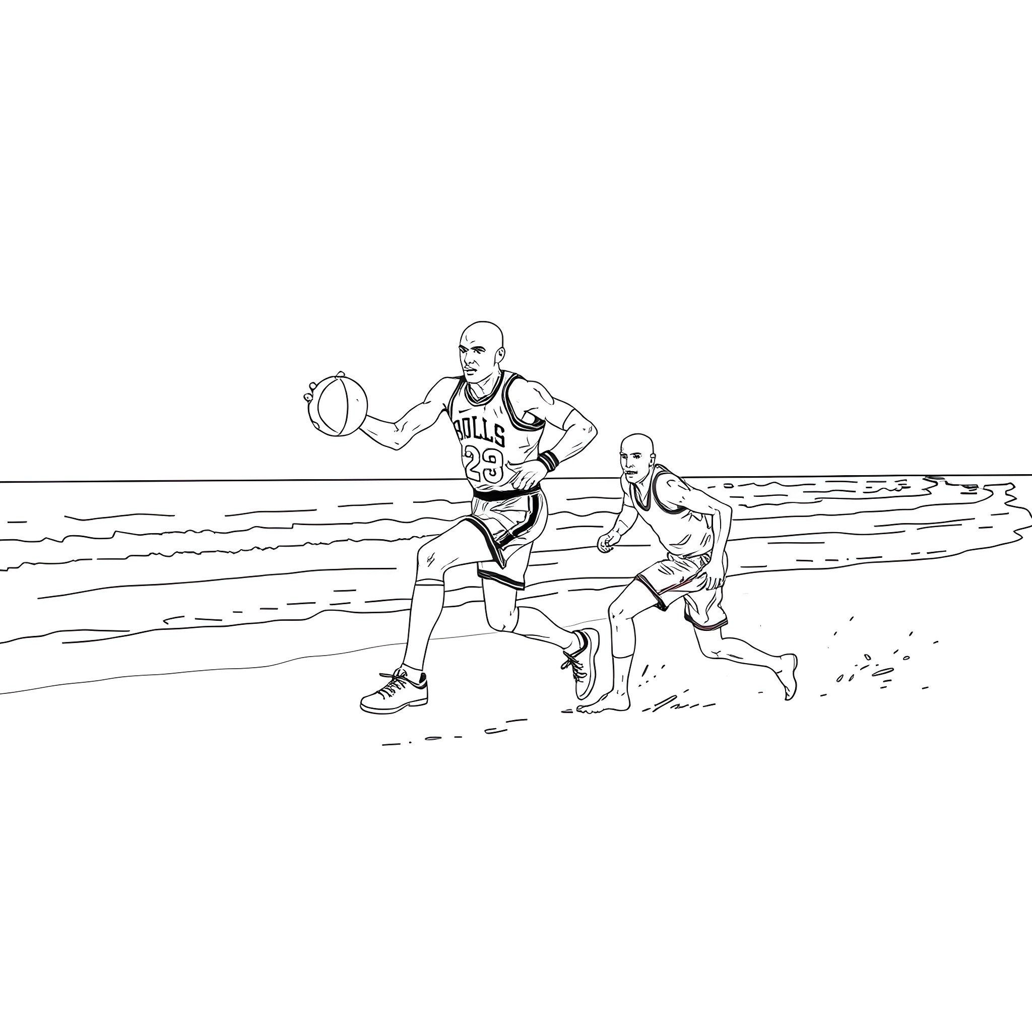 Michael Jordan and teammates playing basketball on the beach Coloring Page (free black-and-white line drawing printable PDF for all, from beginners to advanced learners, including children, teens, adults, and seniors)