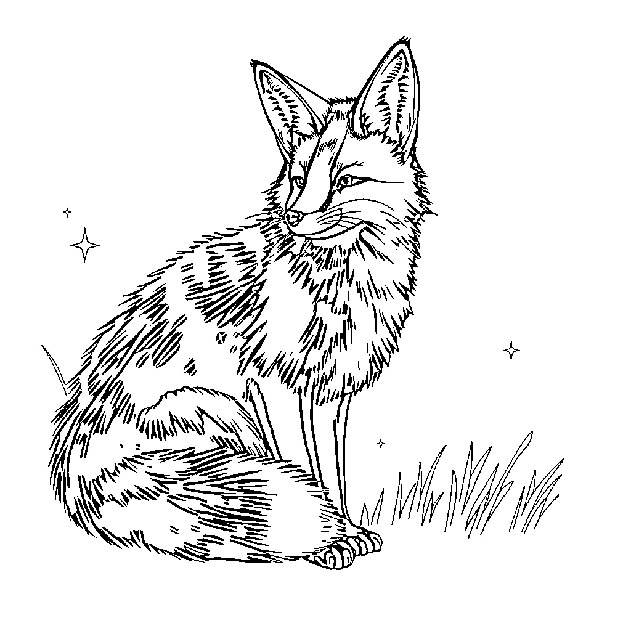 Fox sitting calmly in grassy scene Coloring Page (free black-and-white line drawing printable PDF for all, from beginners to advanced learners, including children, teens, adults, and seniors)