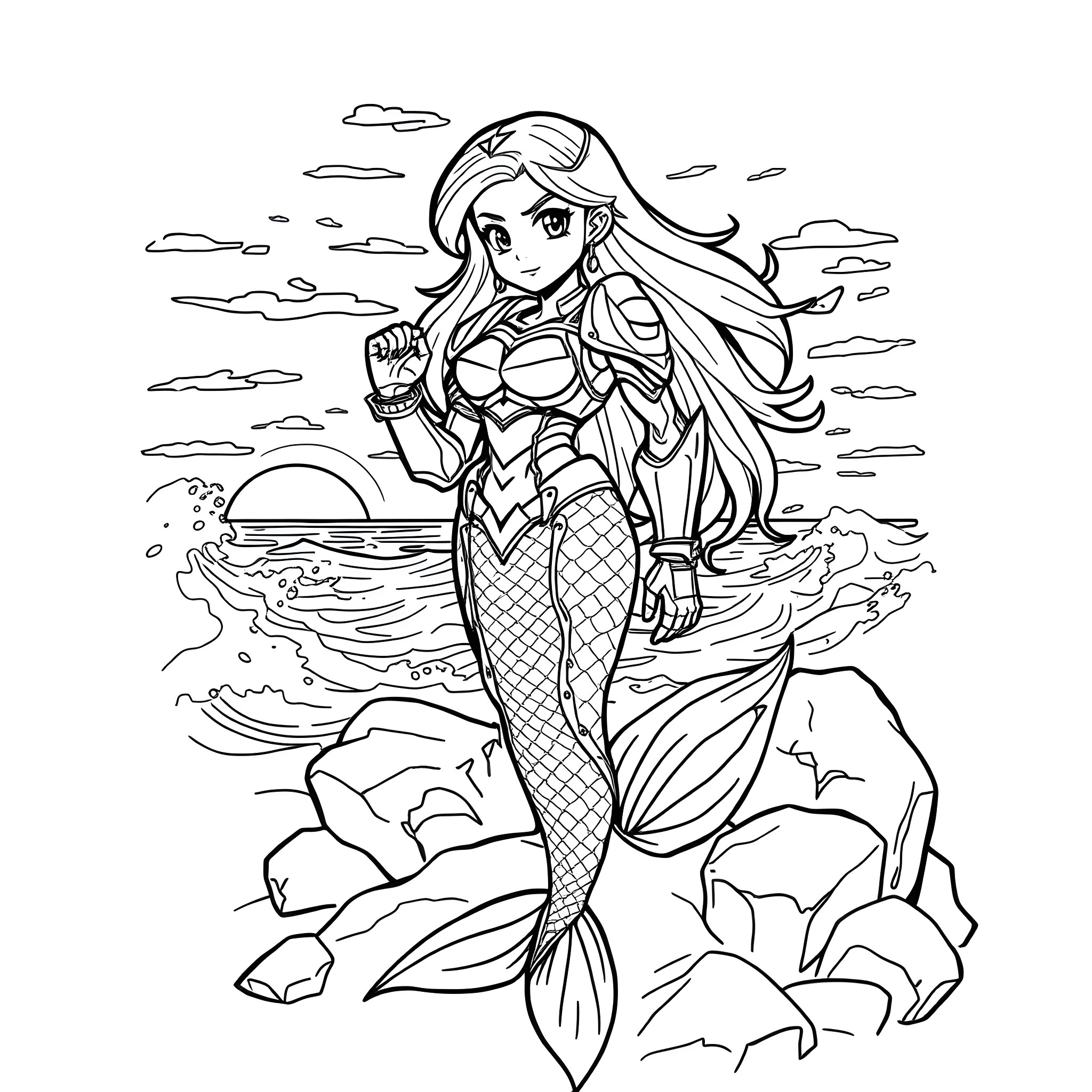 Mermaid with flowing hair in dramatic ocean scene Coloring Page (free black-and-white line drawing printable PDF for all, from beginners to advanced learners, including children, teens, adults, and seniors)